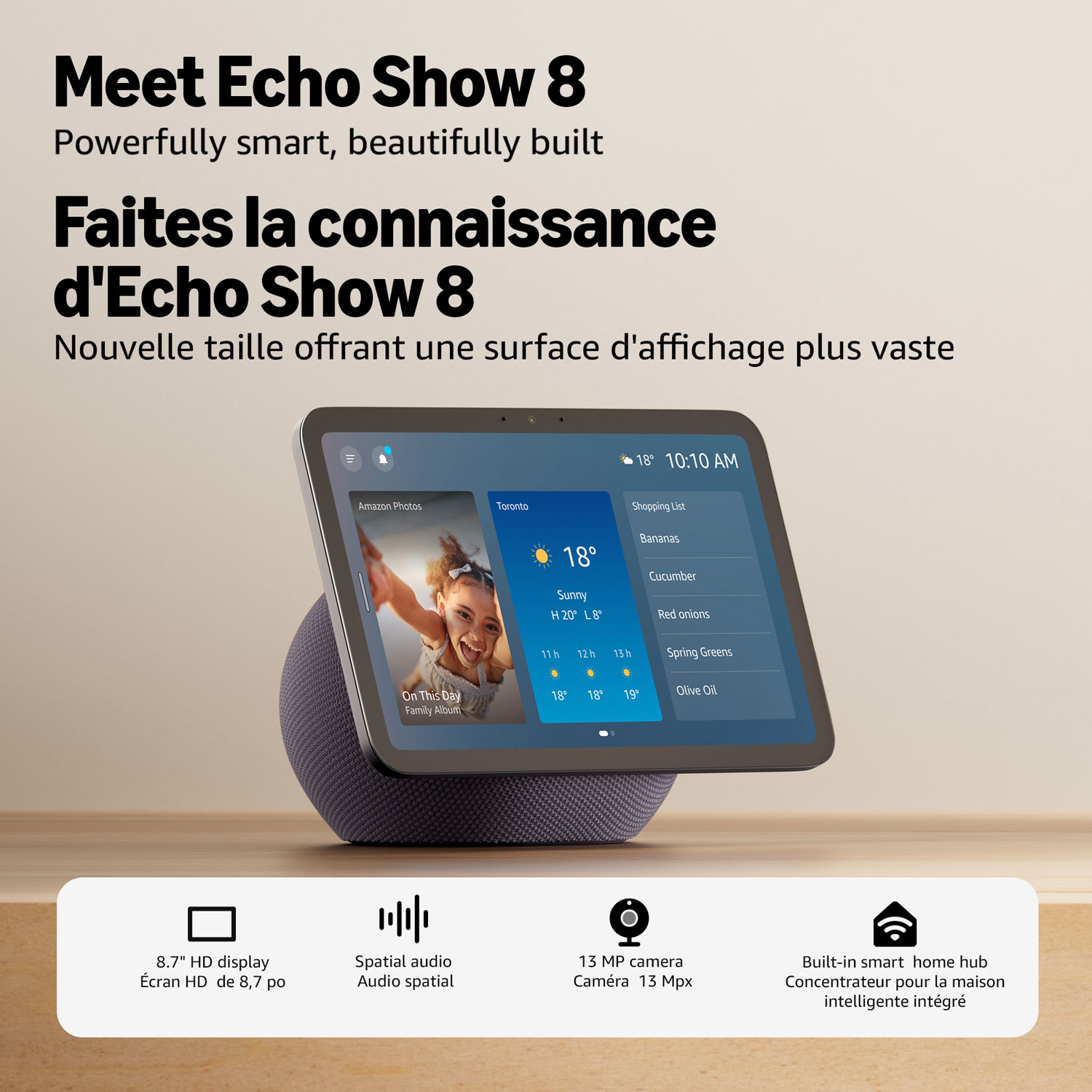 Écran intelligent Echo Show 8 d'Amazon avec son spatial et Alexa+ - Graphite