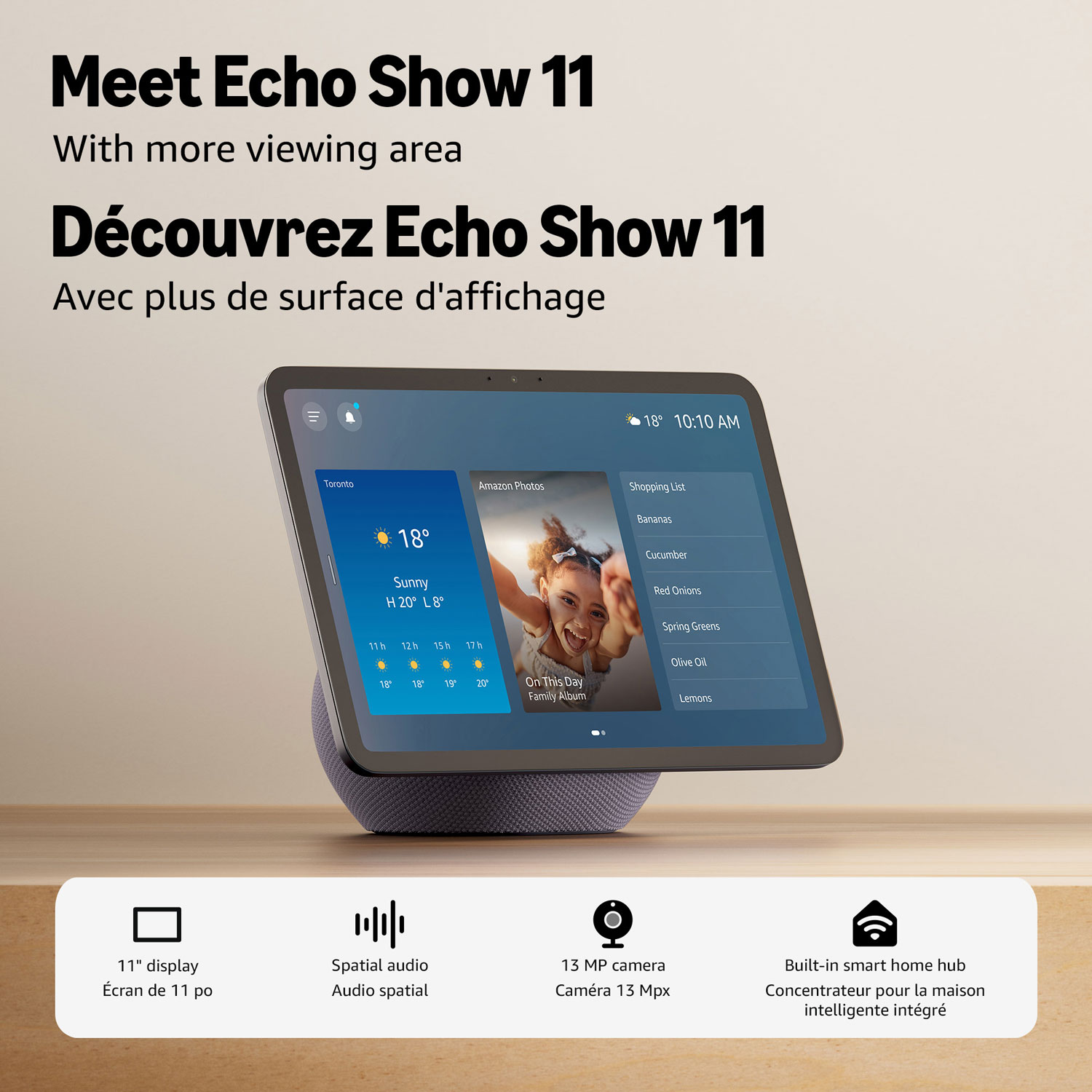 Écran intelligent Echo Show 11 d'Amazon avec son spatial et Alexa+ - Graphite