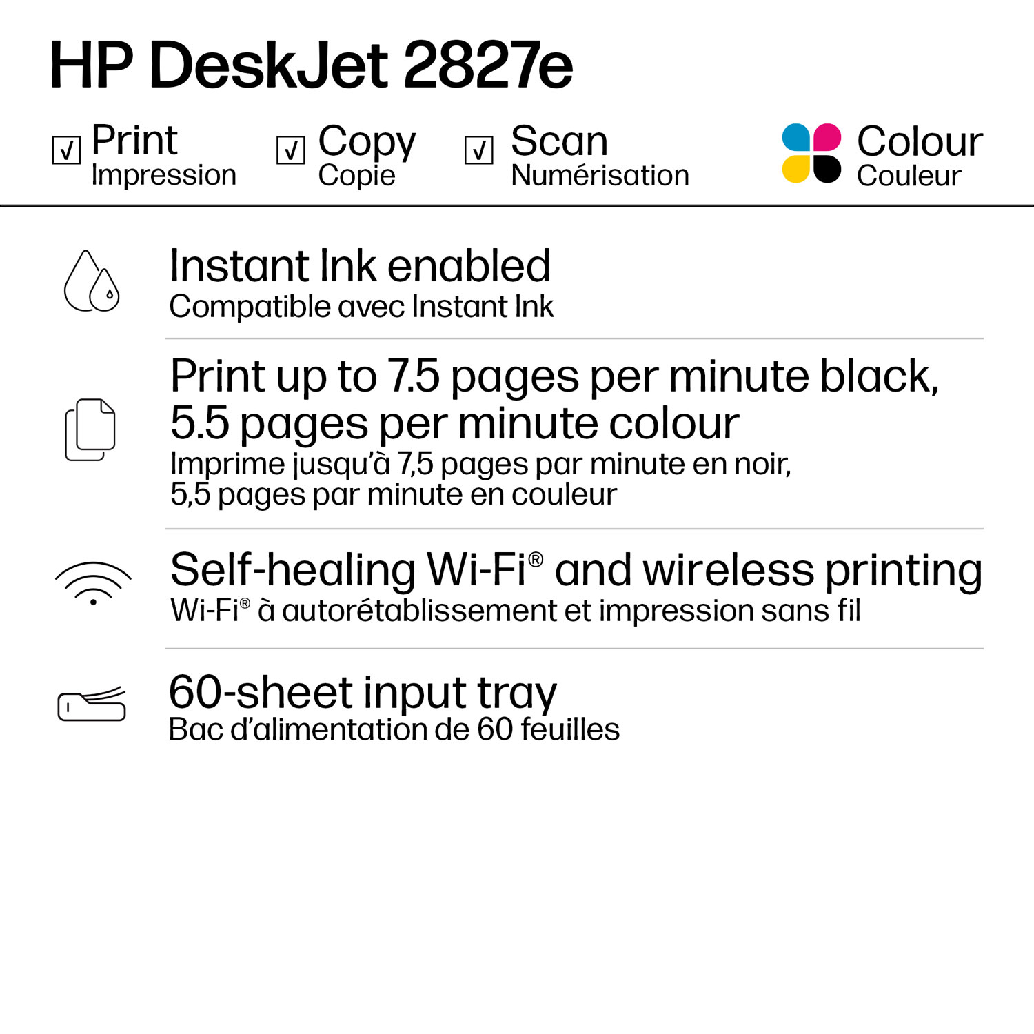 Imprimante à jet d'encre tout-en-un sans fil DeskJet 2827e de HP