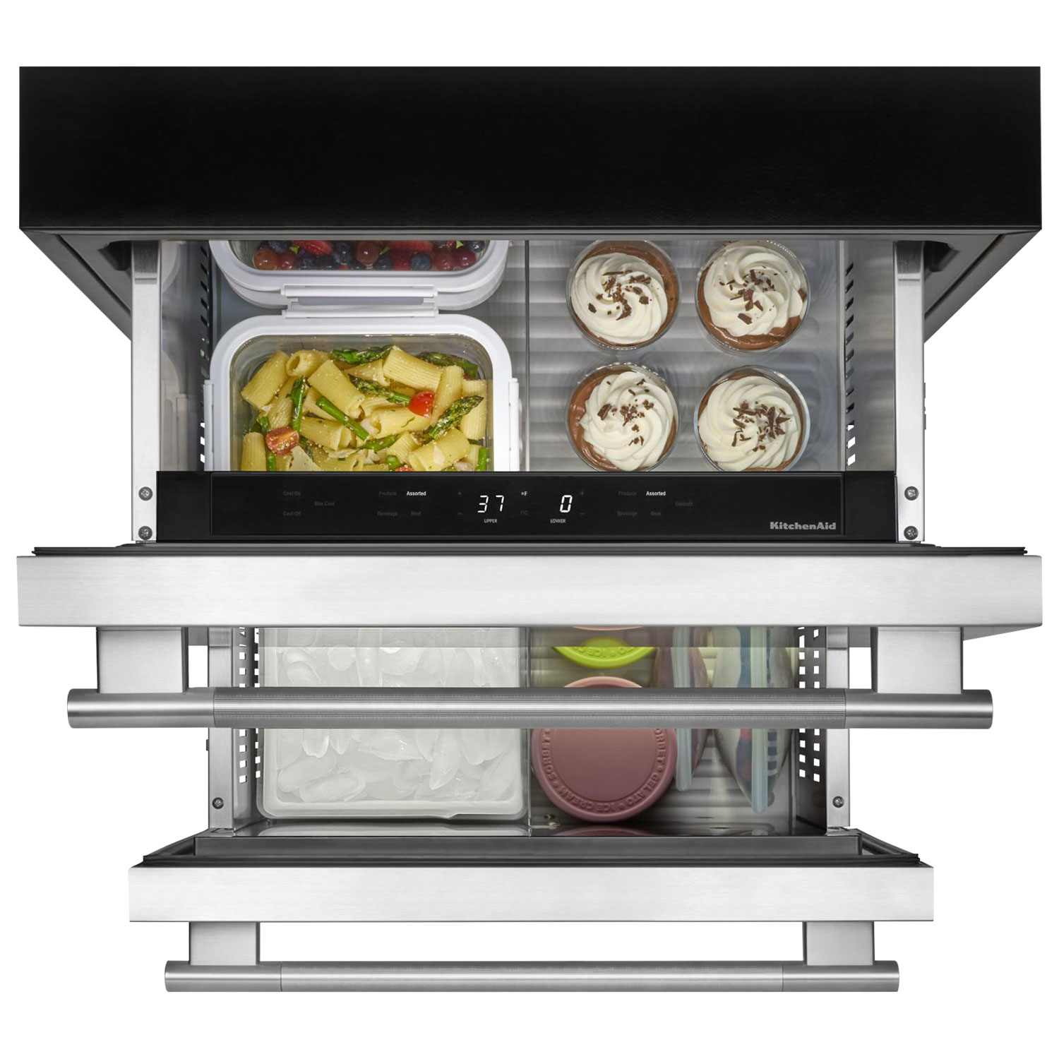 Réfrigérateur de bar encastrable sous le comptoir à deux tiroirs 4,2 pi³ de KitchenAid - Boîtier noir/Portes en acier inoxydable