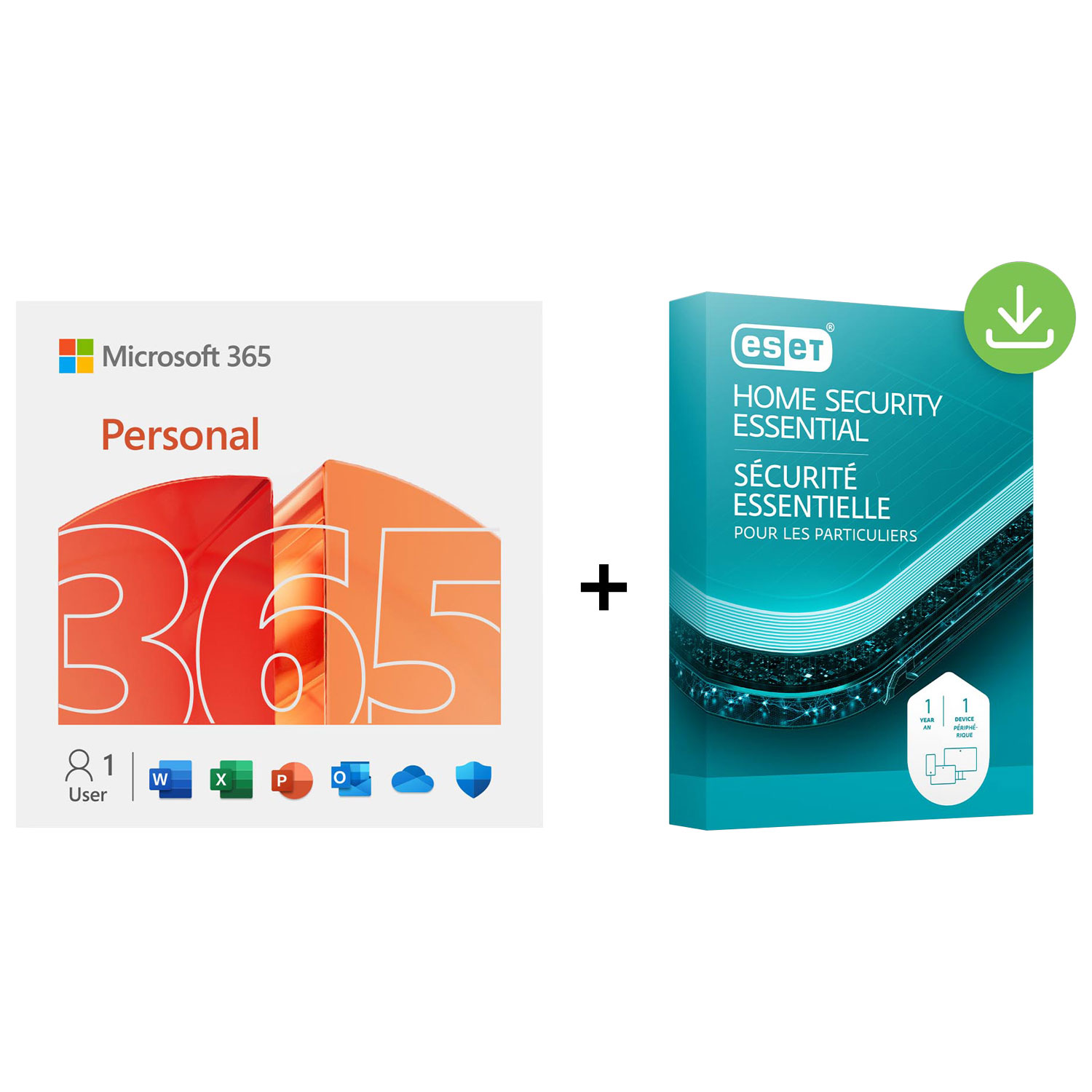Microsoft 365 Personnel et ESET Sécurité essentielle pour les particuliers - 1 utilisateur - 12 mois - 1 appareil - Bilingue - Téléchargement