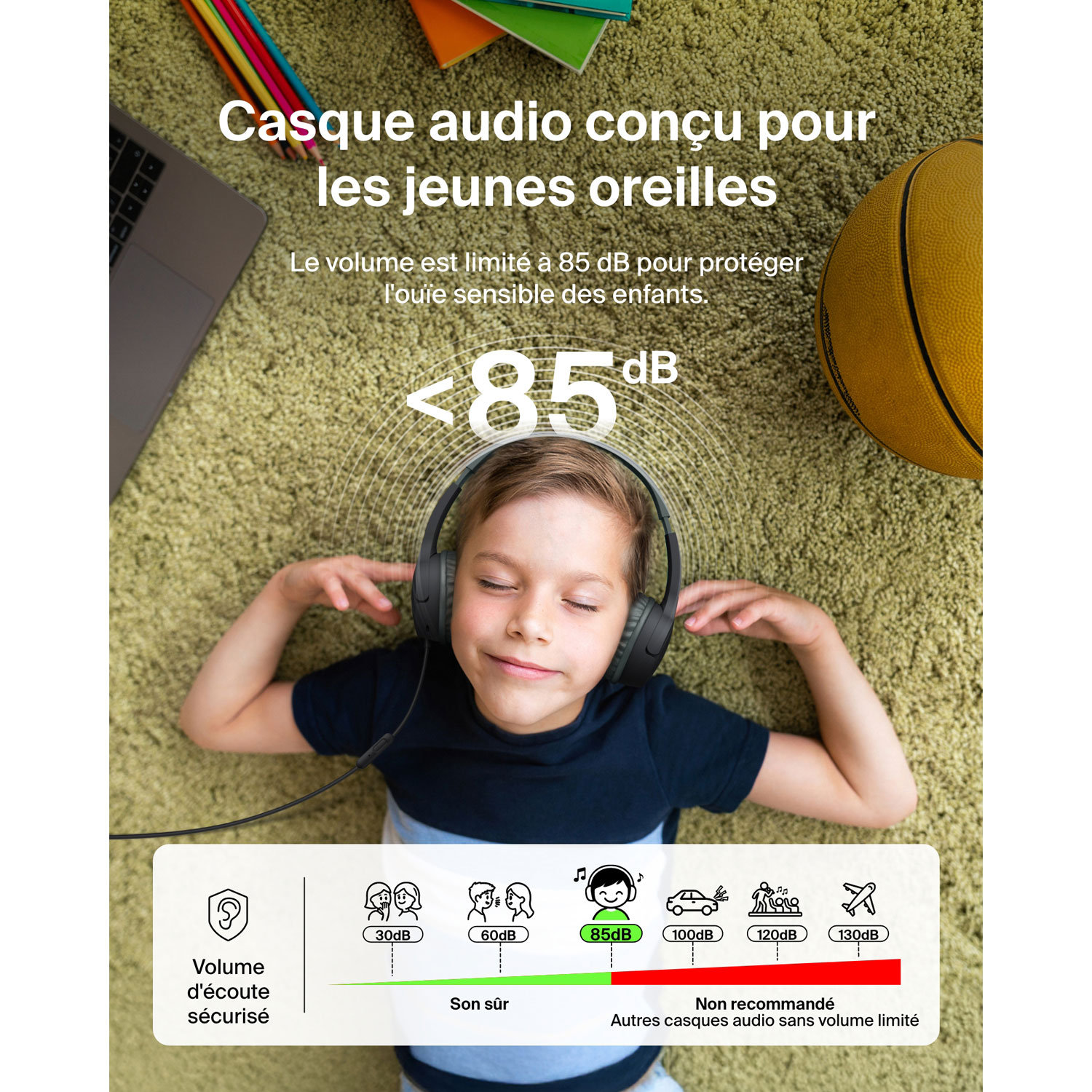Casque d'écoute avec fil à suppression du bruit pour enfants SoundForm Mini de Belkin - Noir