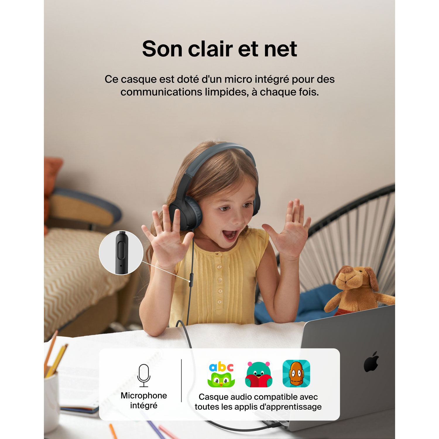 Casque d'écoute avec fil à suppression du bruit pour enfants SoundForm Mini de Belkin - Noir