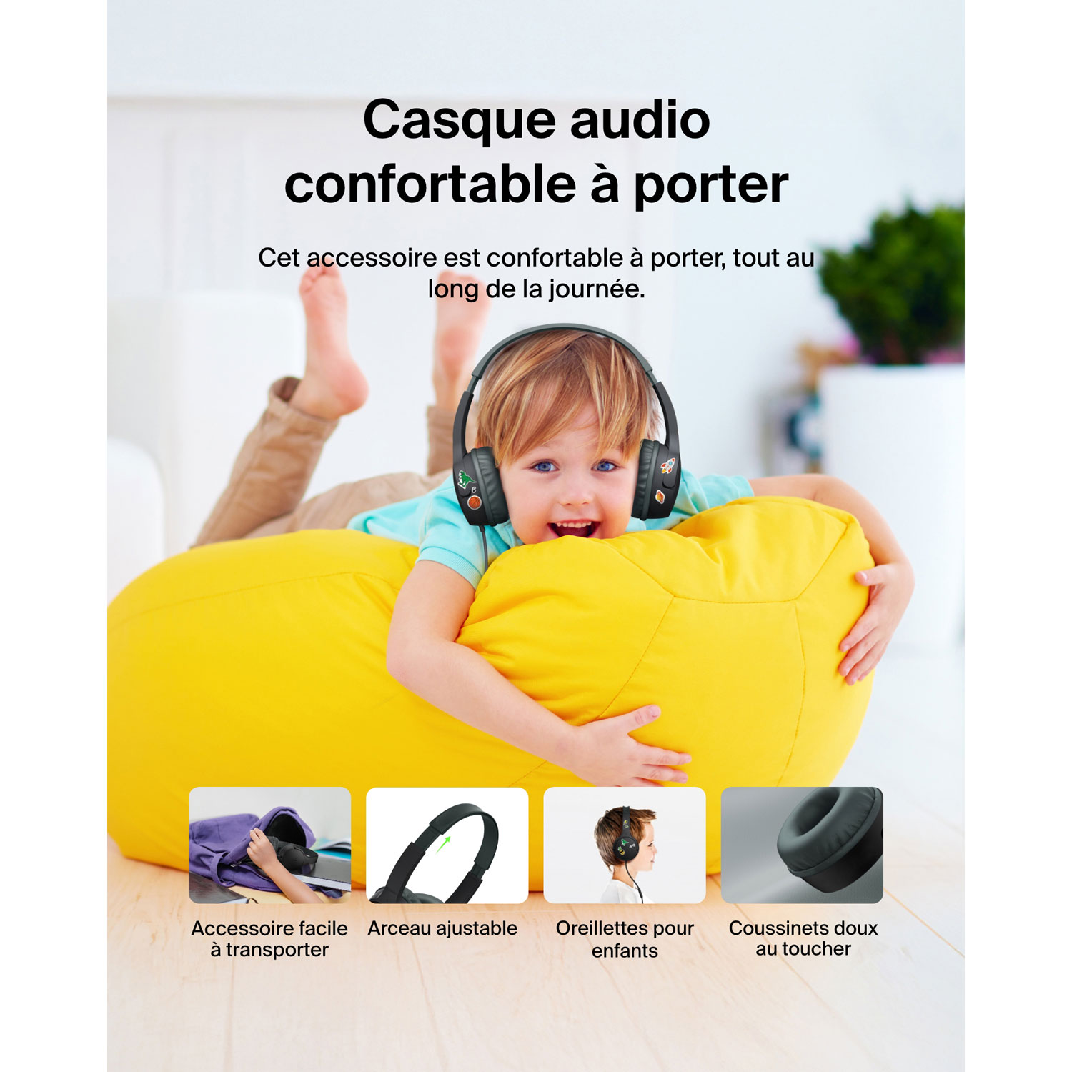 Casque d'écoute avec fil à suppression du bruit pour enfants SoundForm Mini de Belkin - Noir