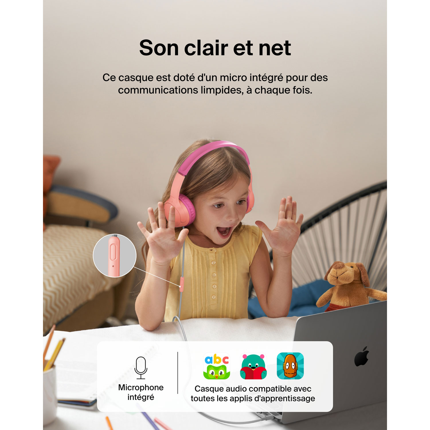 Belkin SoundForm Mini Over-Ear Noise Cancelling Wired Kids Headphones - Pink