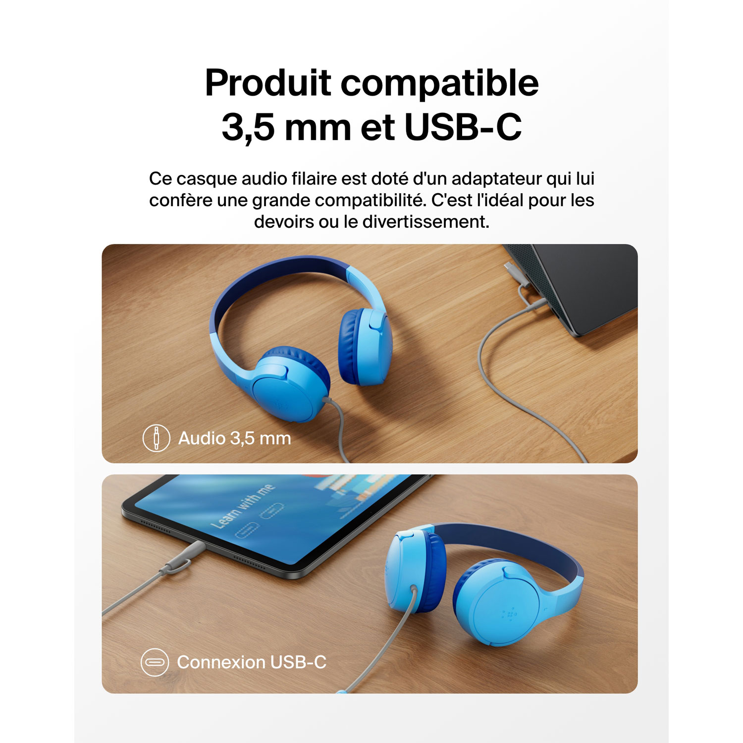 Casque d'écoute avec fil à suppression du bruit pour enfants SoundForm Mini de Belkin - Bleu