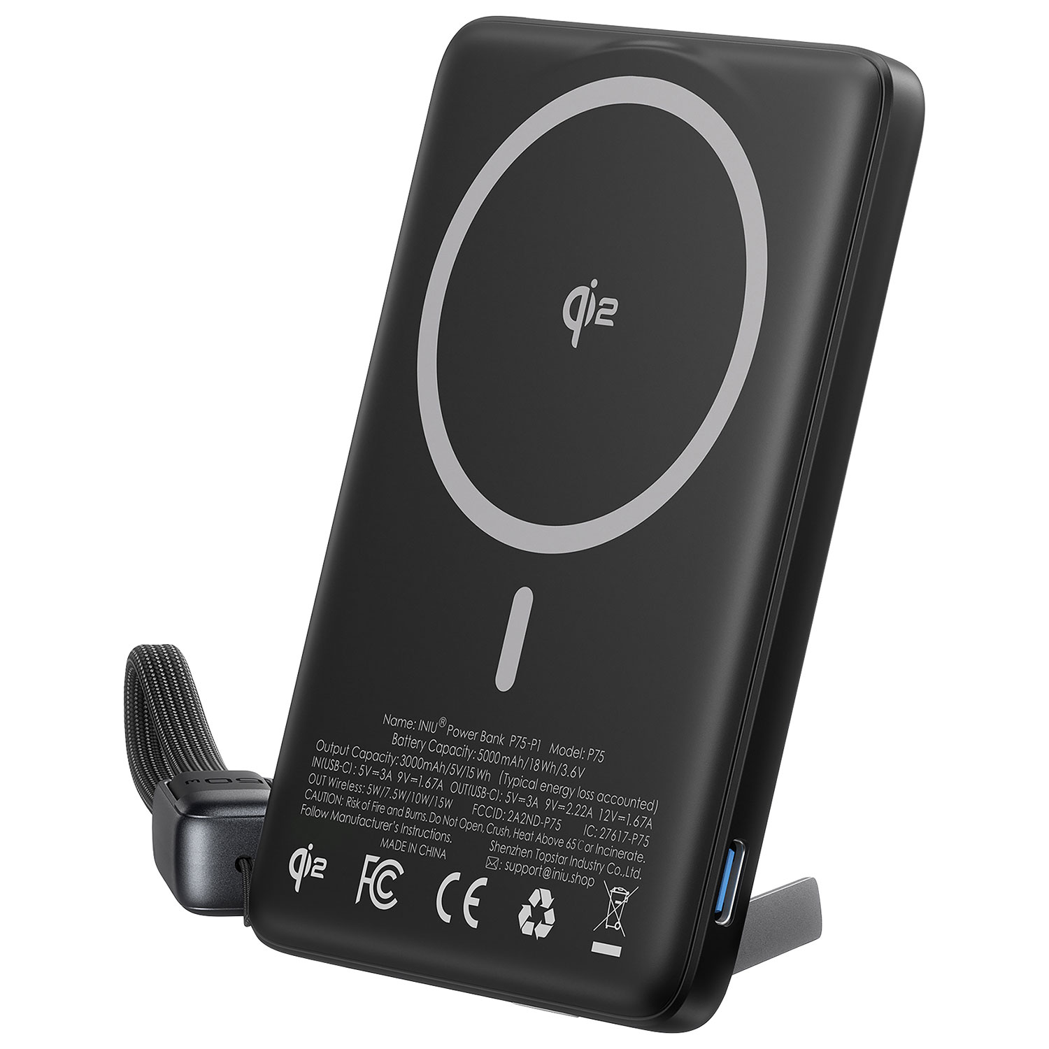 Chargeur portable ultramince USB-C PD 20 W 5000 mAh MagPro d'INIU avec chargement Qi2 sans fil et MagSafe - Noir