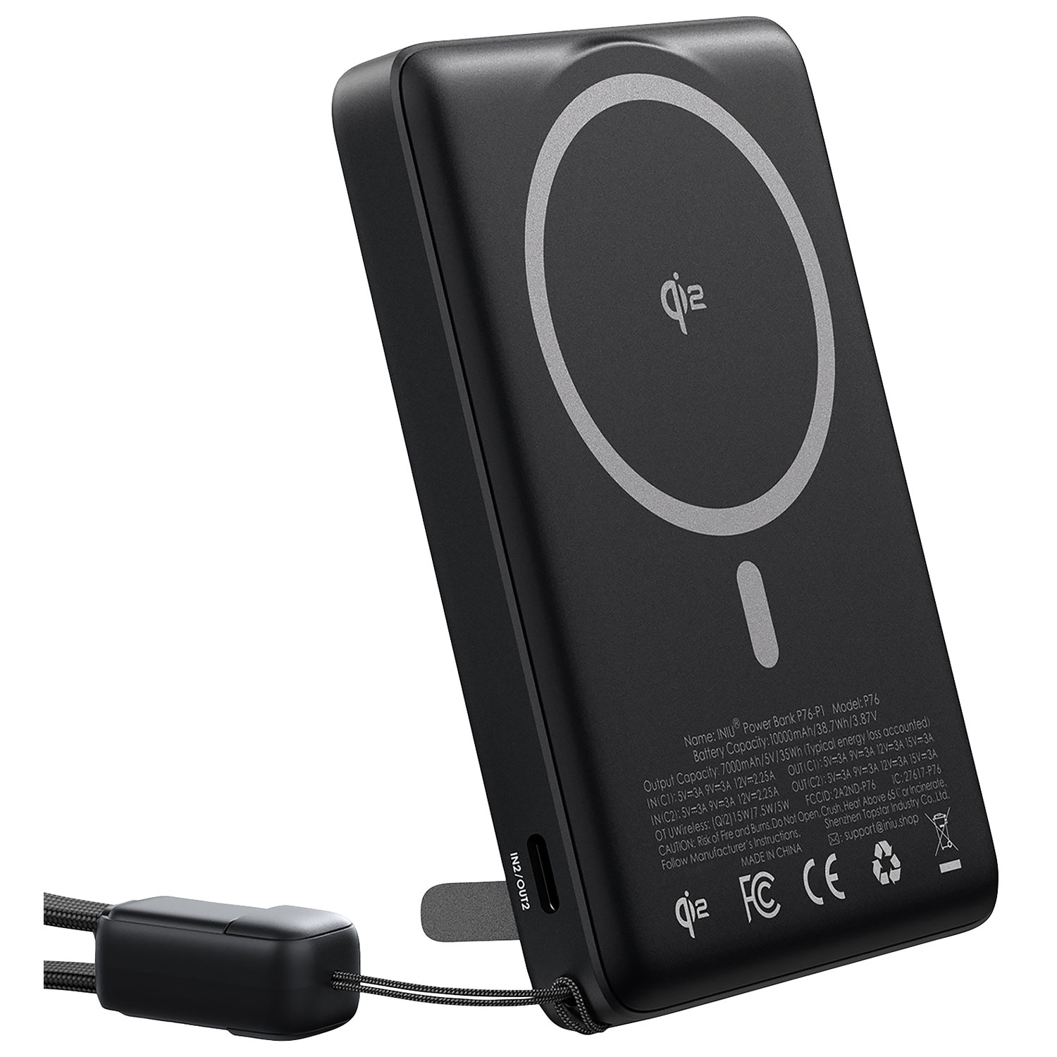 Chargeur portable ultramince USB-C PD 45 W 10000 mAh MagPro d'INIU avec chargement Qi2 sans fil et MagSafe - Noir