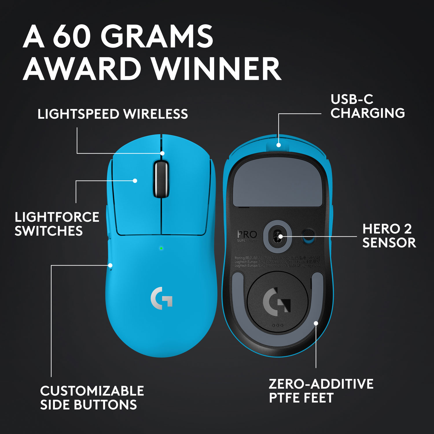 Logitech G PRO X Superlight 2 44000 DPI 8K Polling Wireless HERO 2 Sensor 60g Pro-Grade Mouse - Blue