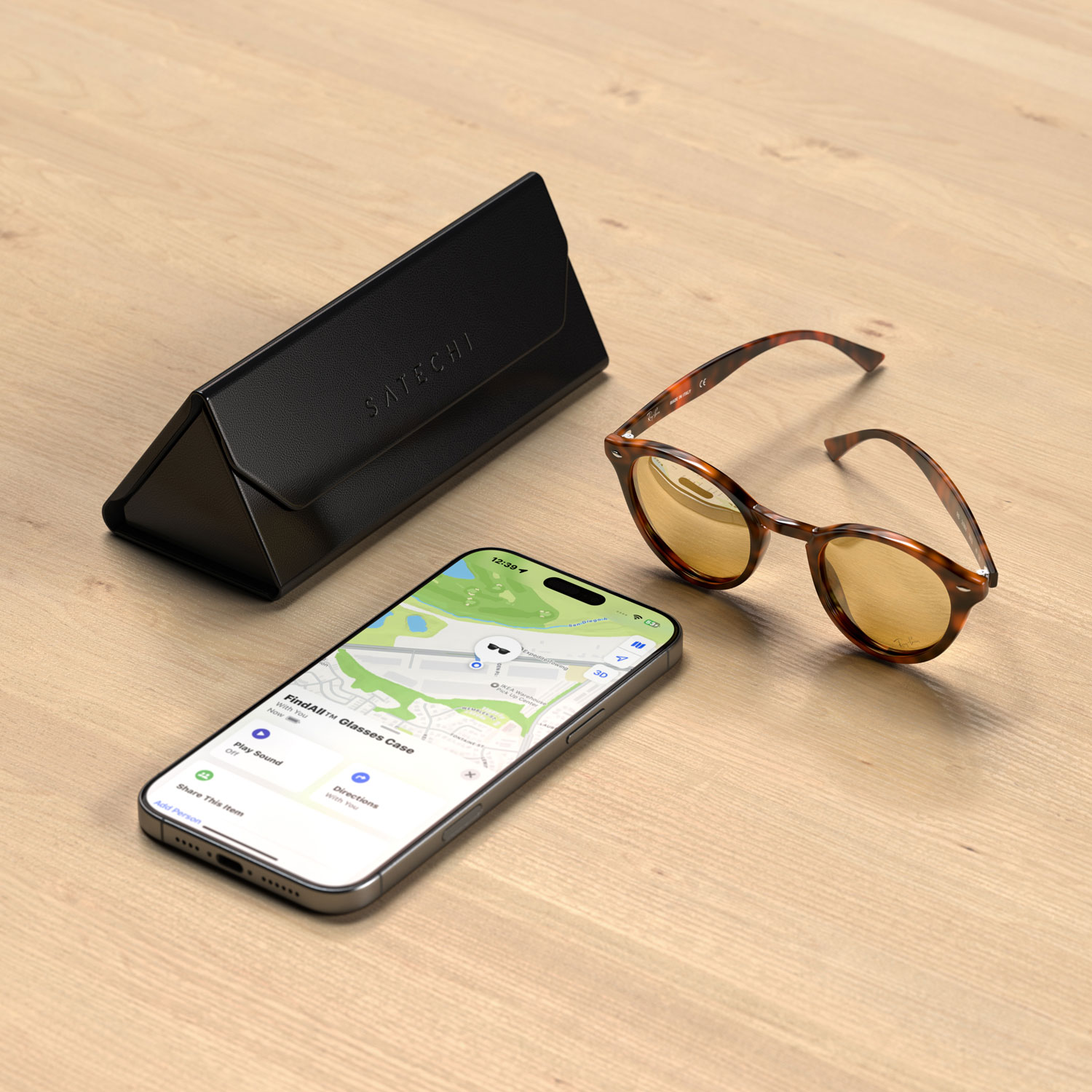 Étui à lunettes de repérage en cuir végétalien avec chargement Qi FindAll de Satechi - Noir