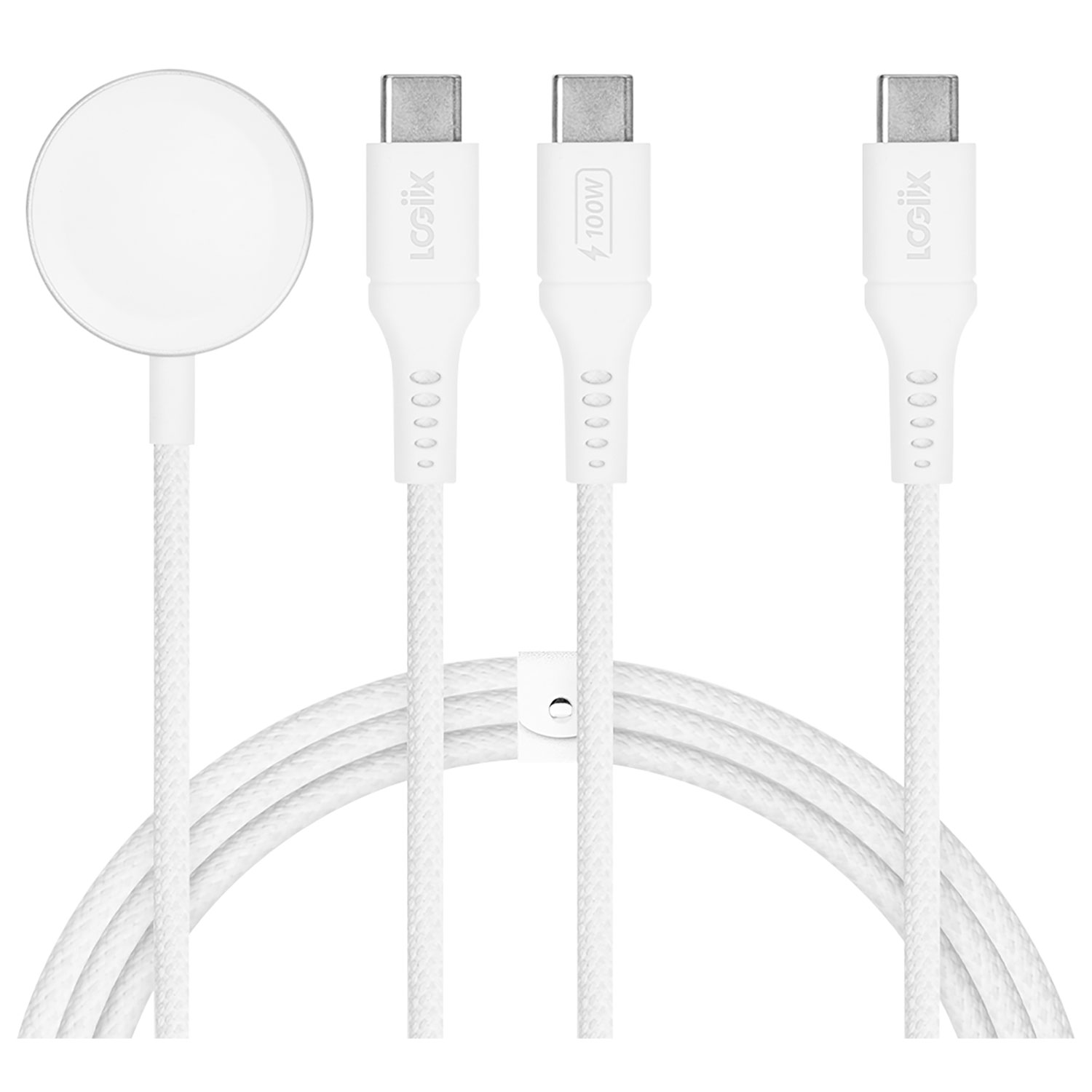 LOGiiX Piston Connect Split 3-in-1 1.5m USB-C to Dual USB-C/Apple Watch Charger Cable - White