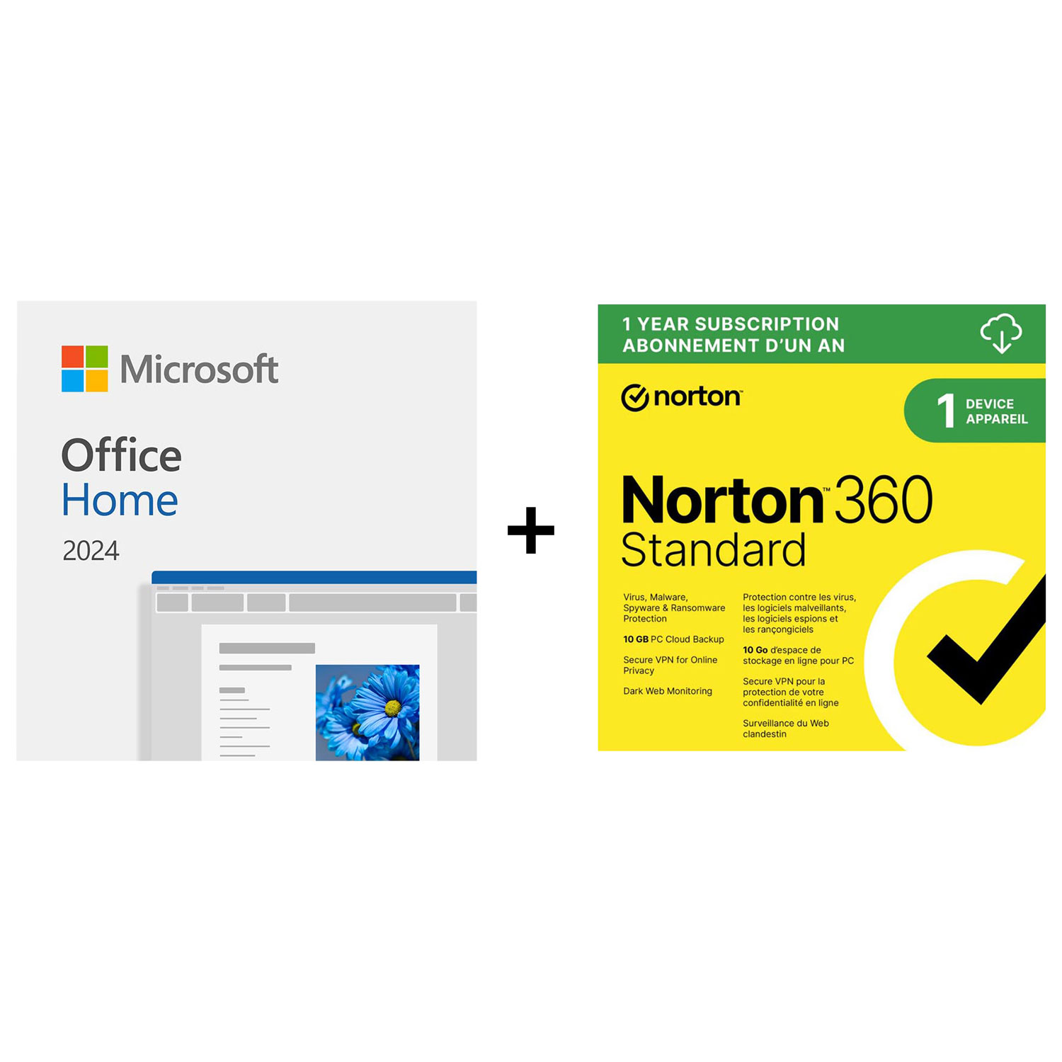 Microsoft Office Famille 2024 + Norton 360 Standard - 1 utilisateur - 1 appareil - Bilingue - Téléchargement numérique
