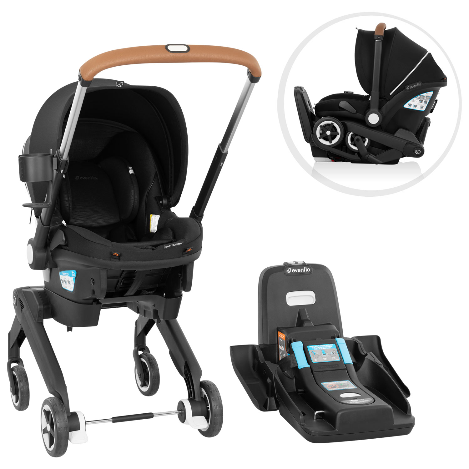 Ensemble Shyft DualRide d'Evenflo avec siège d'auto pour bébé, sac de rangement et grand auvent - Noir onyx
