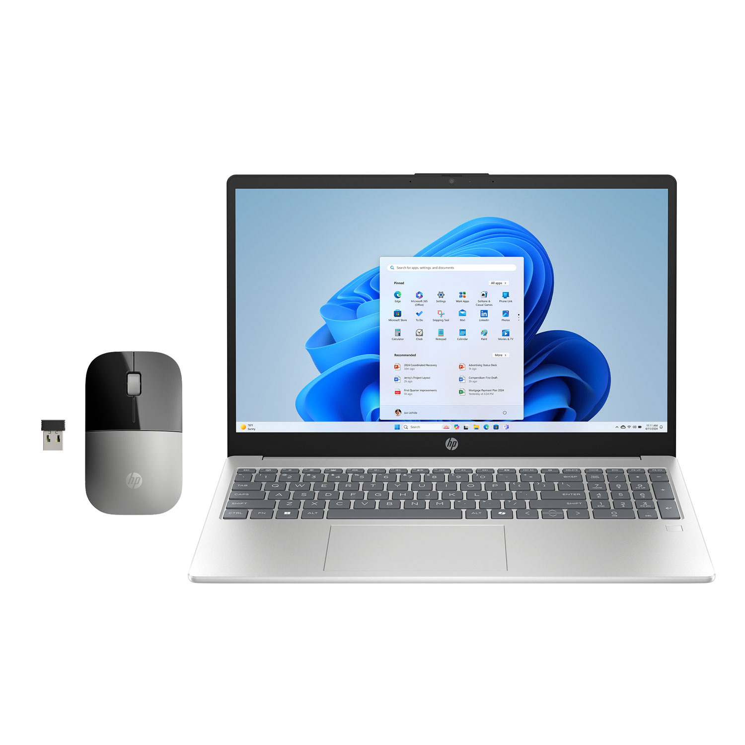 HP Laptop 15.6" FHD with Bonus Wireless Mouse - AMD Ryzen 5 7520U - 16GB LPDDR5 RAM - 512GB SSD - AMD Radeon 610M Graphics - Windows 11 Home - Natural Silver