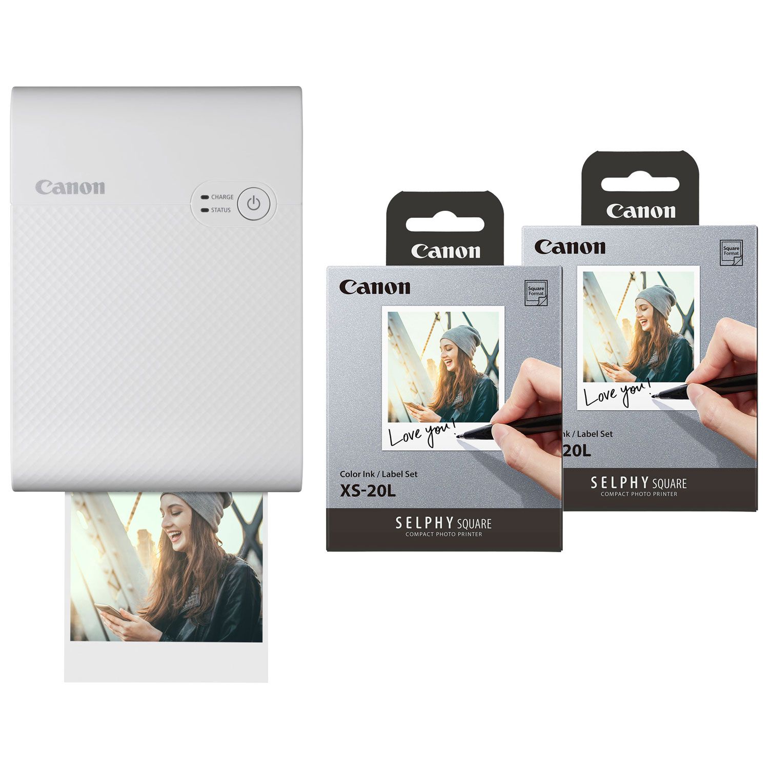 Canon SELPHY QX10 Square Compact Photo Printer with Colour Ink & Label Set (2 Pack) - White