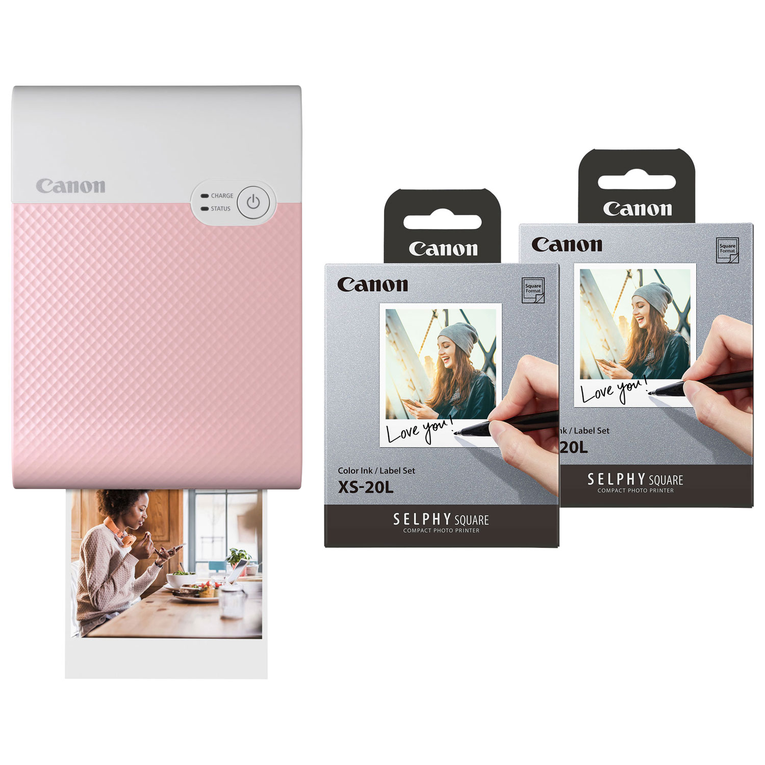 Canon SELPHY QX10 Square Compact Photo Printer with Colour Ink & Label Set (2 Pack) - Pink