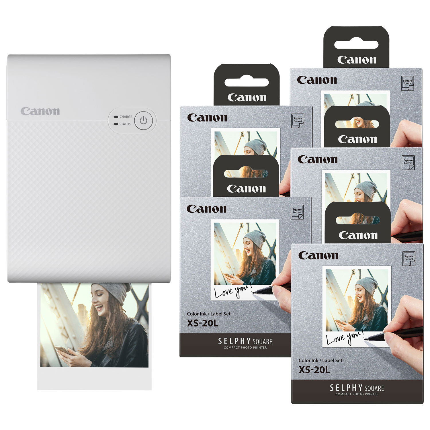 Canon SELPHY QX10 Square Compact Photo Printer with Colour Ink & Label Set (5 Pack) - White