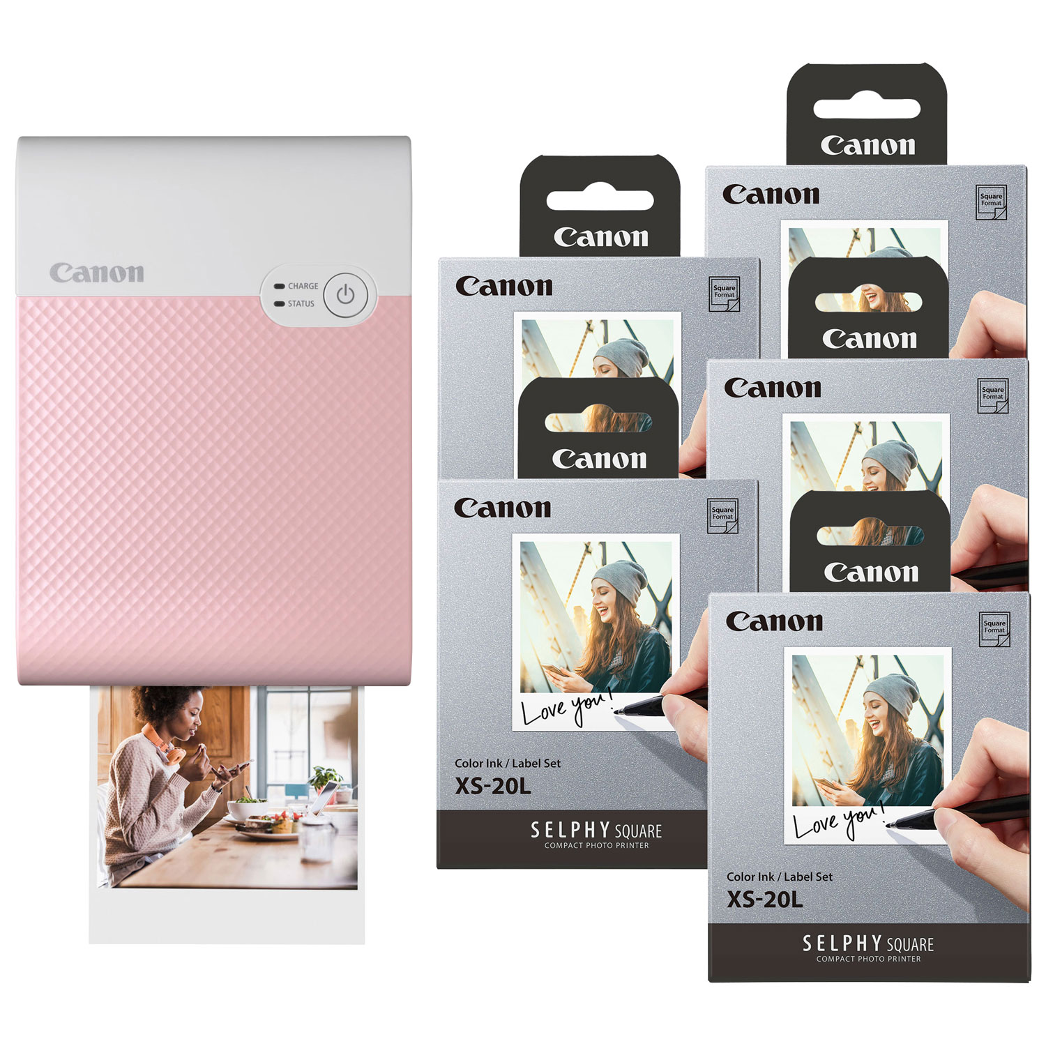 Canon SELPHY QX10 Square Compact Photo Printer with Colour Ink & Label Set (5 Pack) - Pink