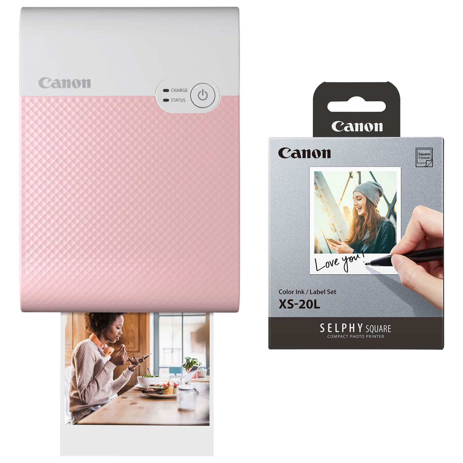 Canon SELPHY QX10 Square Compact Photo Printer with Colour Ink & Label Set - Pink