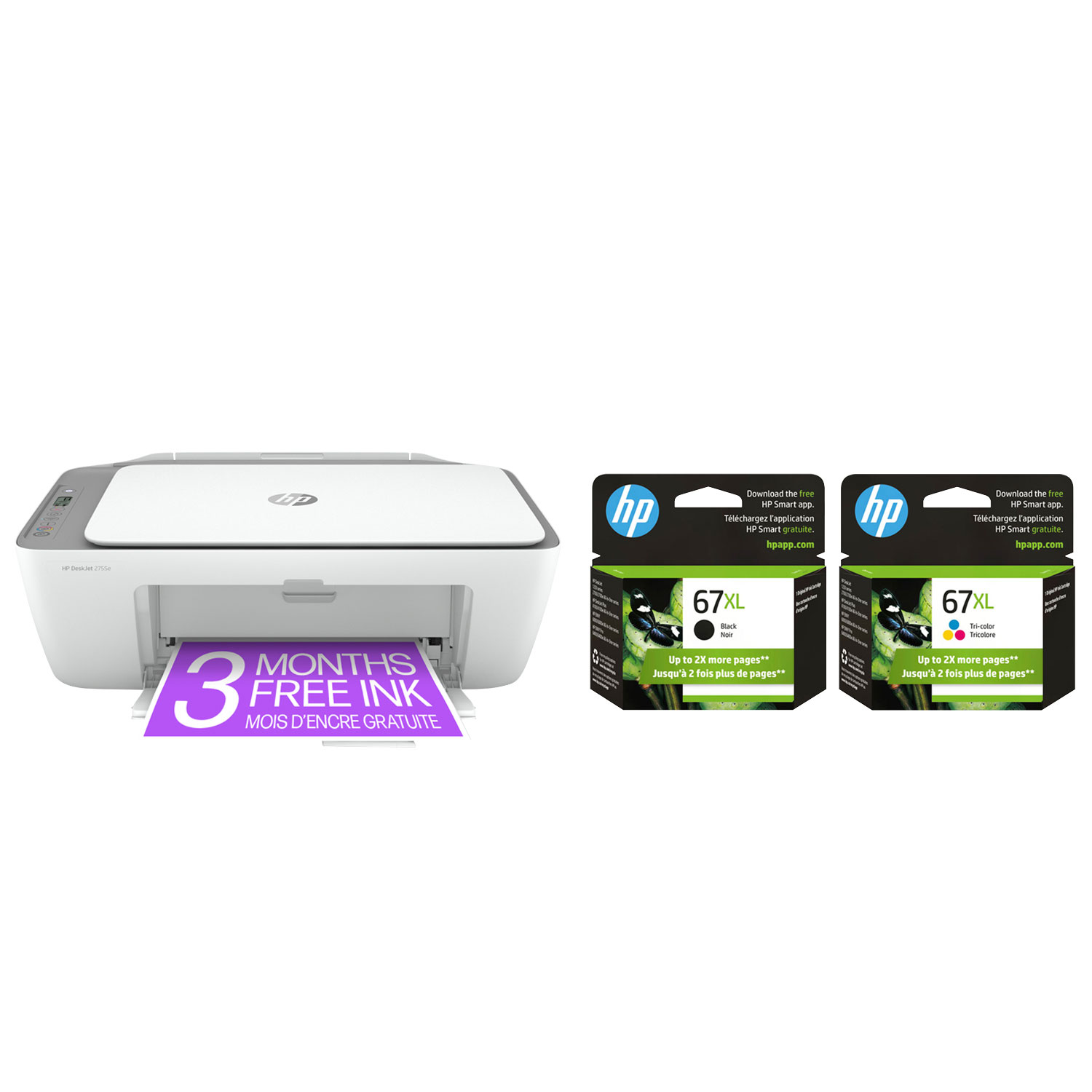 HP DeskJet 2755e Wireless All-In-One Inkjet Printer with HP 67XL Black & Tri-Colour Ink