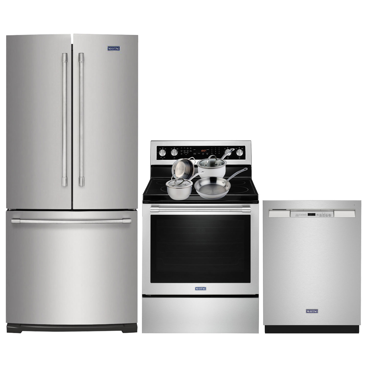 Maytag 30" 20 Cu. Ft. French Door Refrigerator; Electric Range; Dishwasher; Cookware Set - Stainless