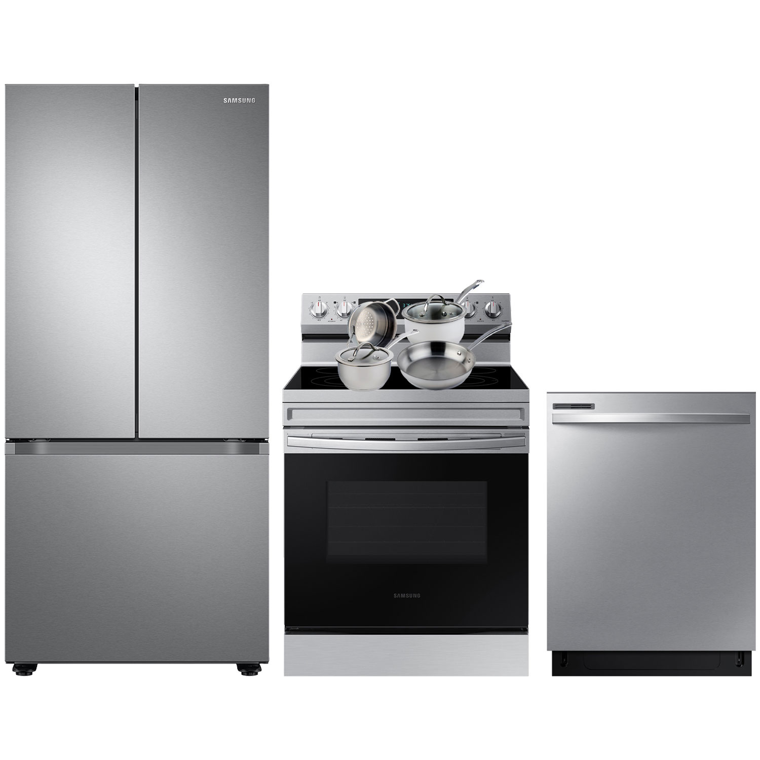 Samsung 30" 22.1 Cu. Ft. French Door Refrigerator; Electric Range; Dishwasher; Cookware Set - Stainless