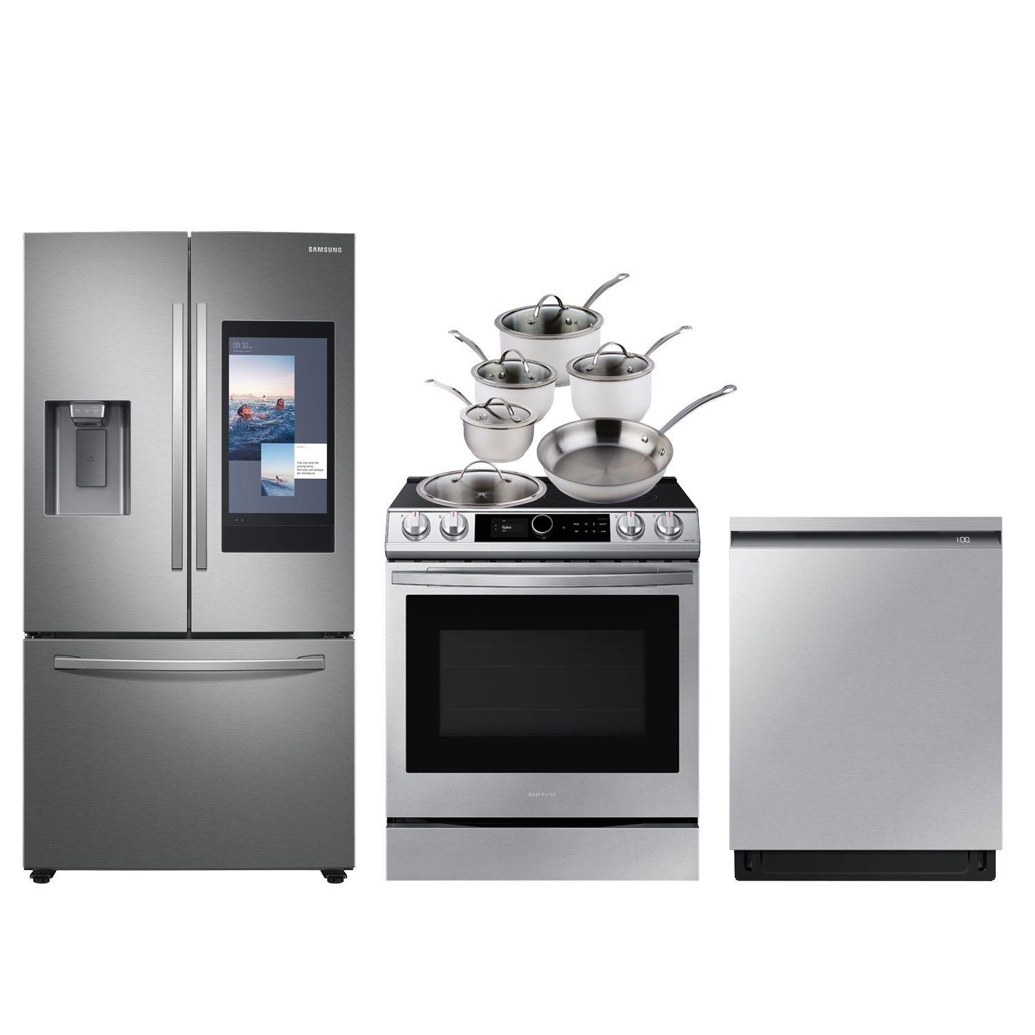Samsung Family Hub 36" French Door Refrigerator; Electric Range; Dishwasher; Cookware Set - Stainless