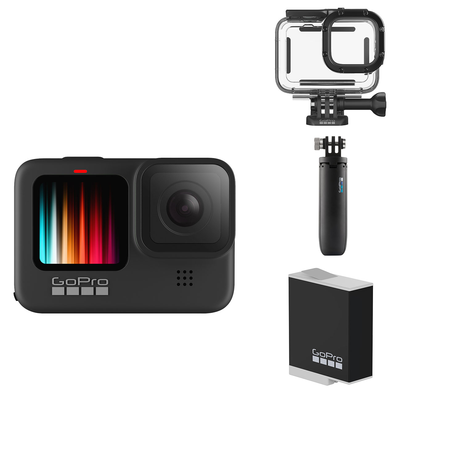 GoPro HERO9 Black Waterproof 5K with Housing Case, Extension Pole/Tripod and Rechargeable Battery