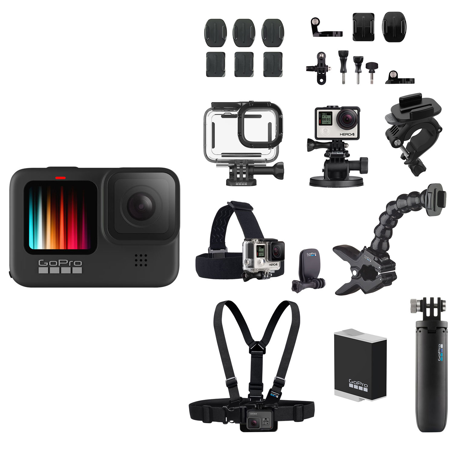 GoPro HERO9 Black Waterproof 5K with Chest Mount, Head Strap, Housing Case, Extra Battery & Accessories