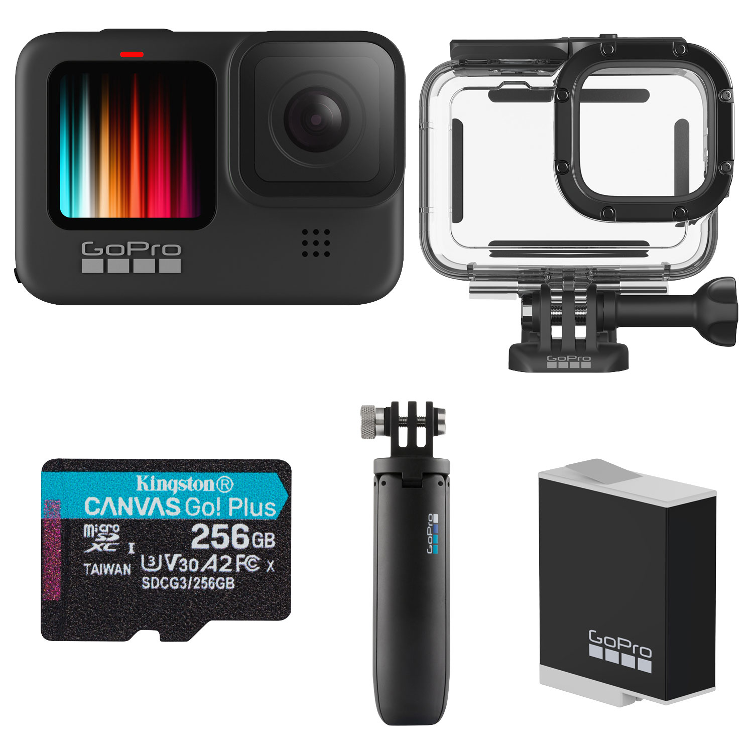 GoPro HERO9 Black Waterproof 5K FY23 with Case, 256GB Memory Card, Pole/Tripod and Rechargeable Battery