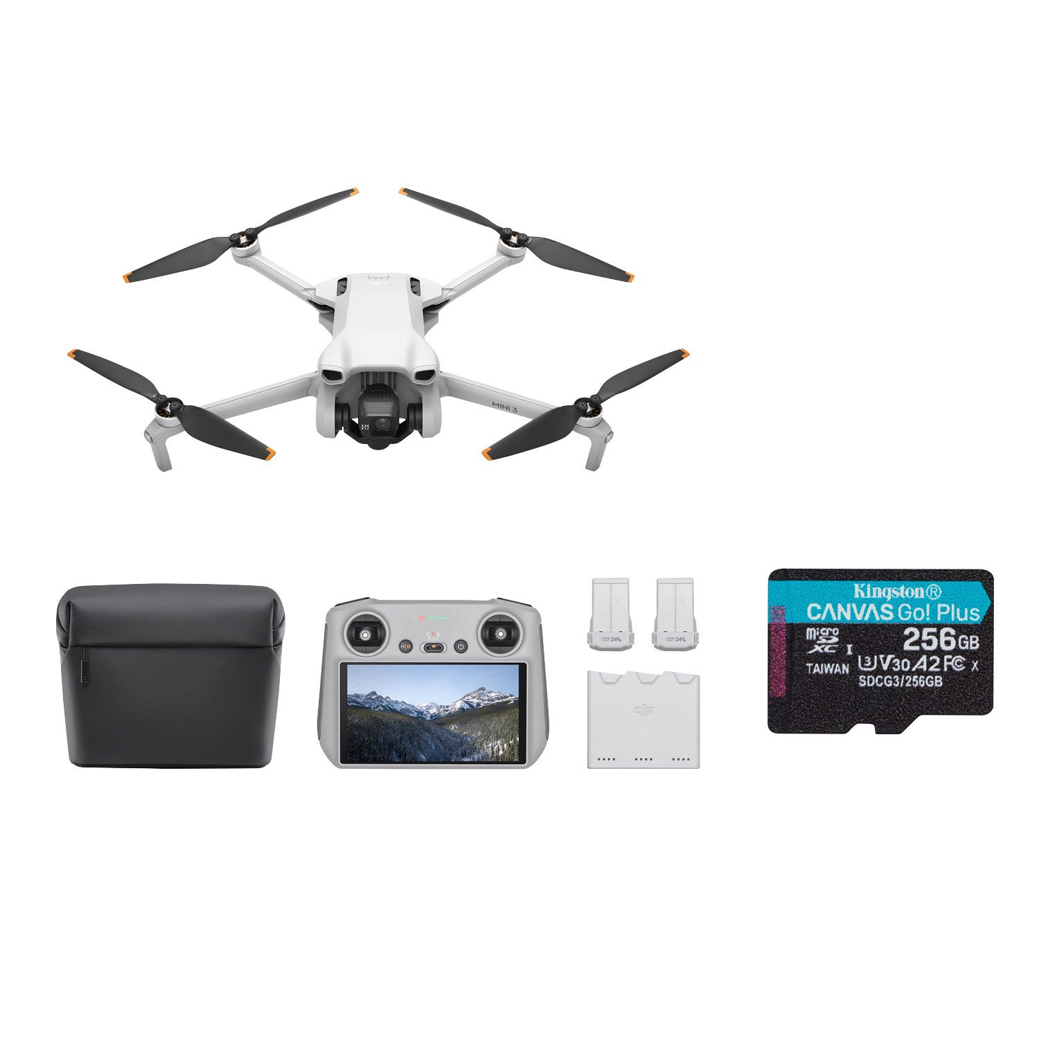 DJI Mini 3 Quadcopter Drone Fly More Combo & Remote Control (DJI RC) w/ 256GB microSDXC Memory Card - Grey