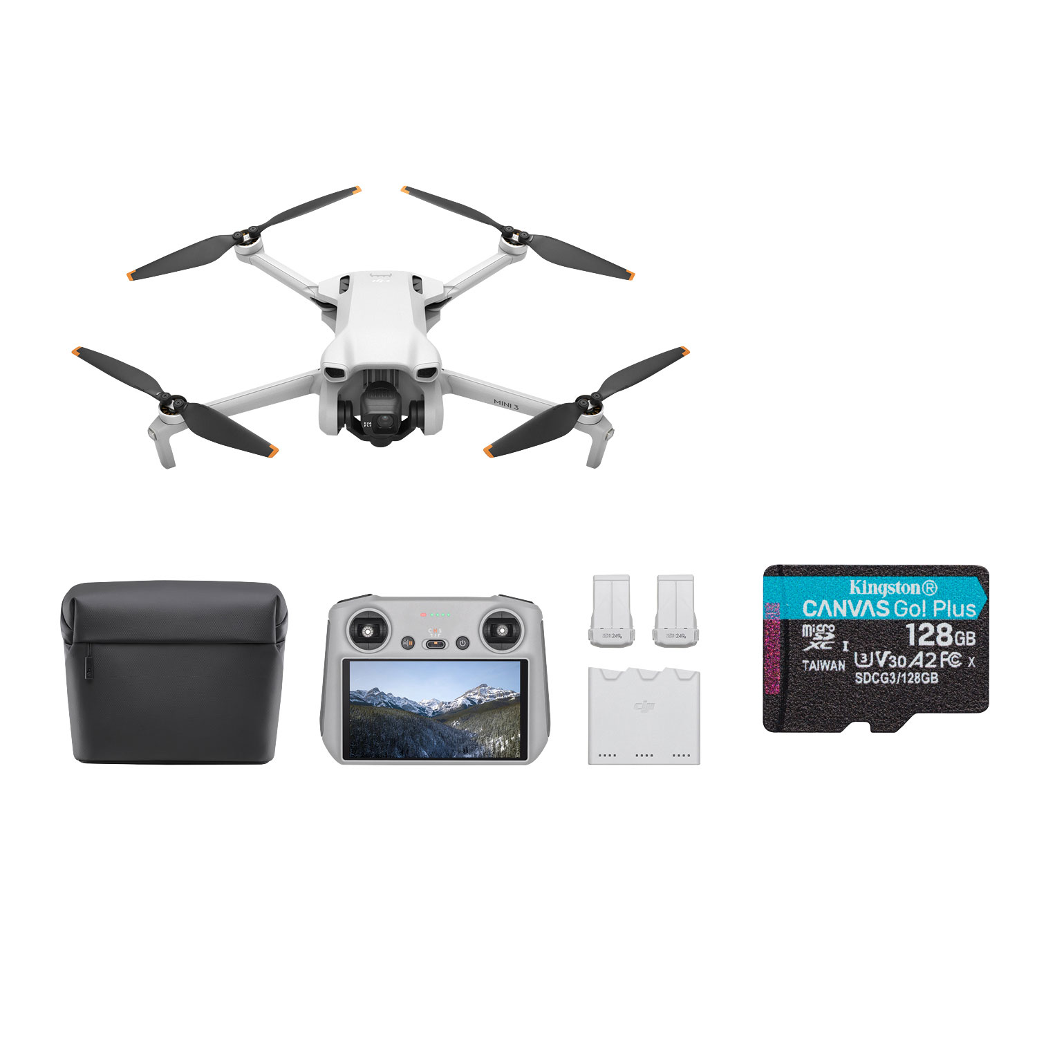DJI Mini 3 Quadcopter Drone Fly More Combo & Remote Control (DJI RC) w/ 128GB microSDXC Memory Card - Grey