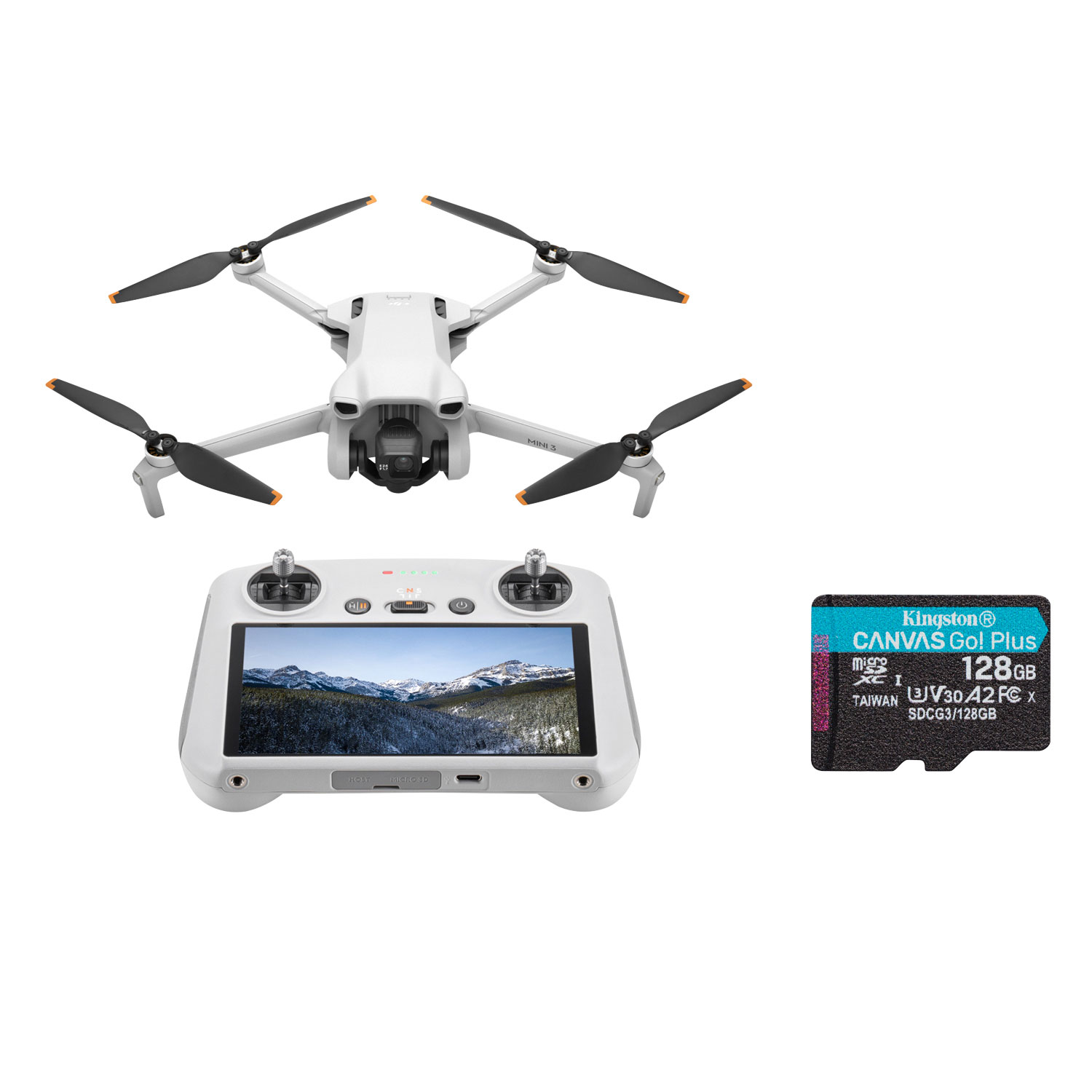 DJI Mini 3 Quadcopter Drone with Remote Control (DJI RC) & 128GB 170MB/s microSDXC Memory Card - Grey