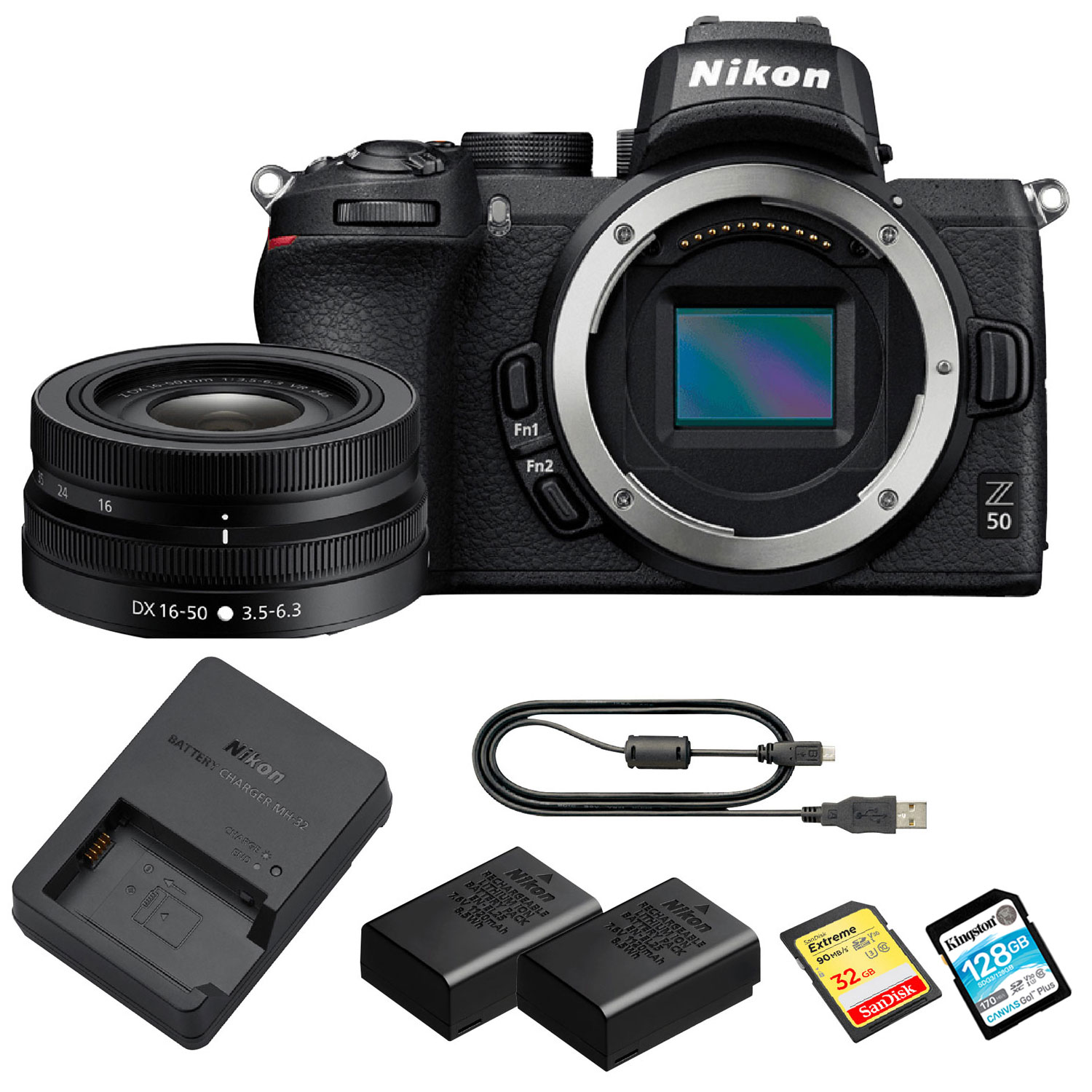 Nikon Z 50 Mirrorless Camera with 16mm-50mm Lens Kit, Extra Battery, & 128GB 170MB/s SDXC Memory Card