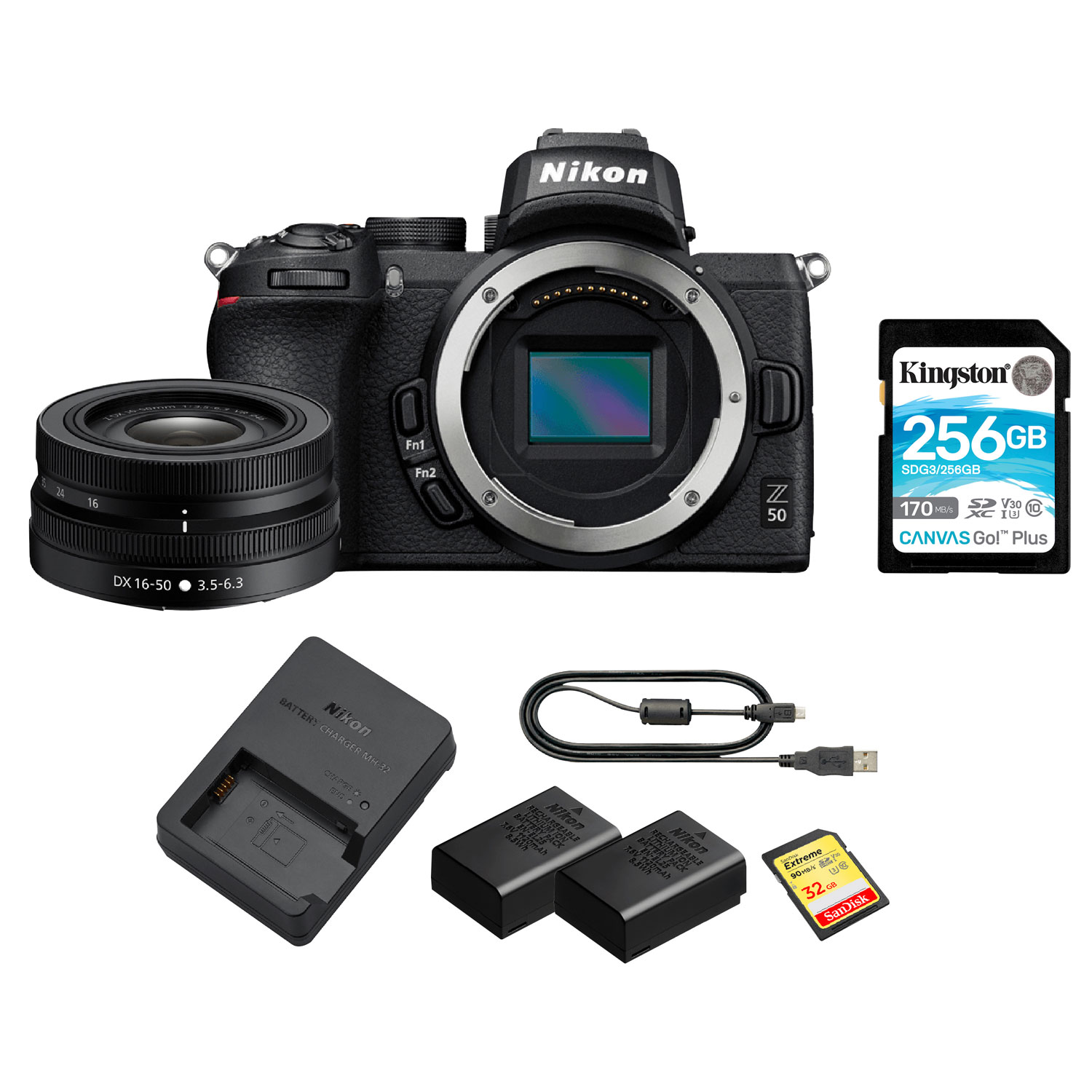 Nikon Z 50 Mirrorless Camera with 16mm-50mm Lens Kit, Extra Battery, 32GB & 256GB Memory Cards