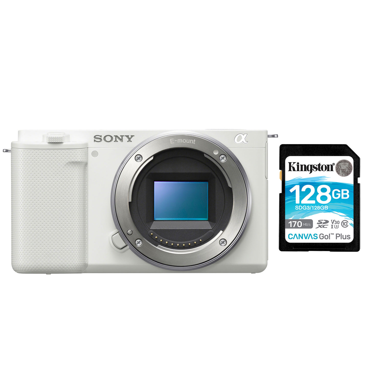 Sony Alpha ZV-E10 APS-C Mirrorless Vlog Camera (Body Only) & 128GB 170MB/s SDXC Memory Card - White