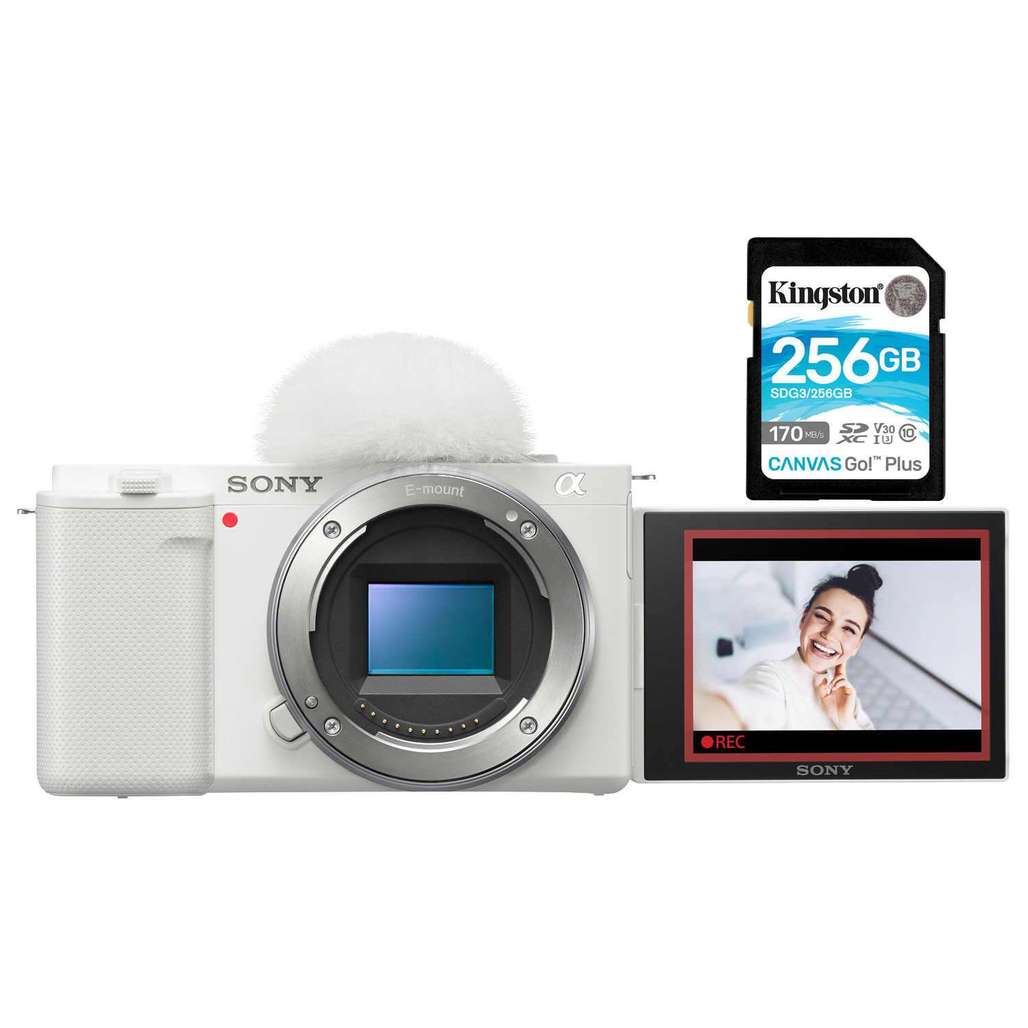 Sony Alpha ZV-E10 APS-C Interchangeable Lens Mirrorless Vlog Camera (Body Only) w/ 256GB 170MB/s SDXC Memory Card -White