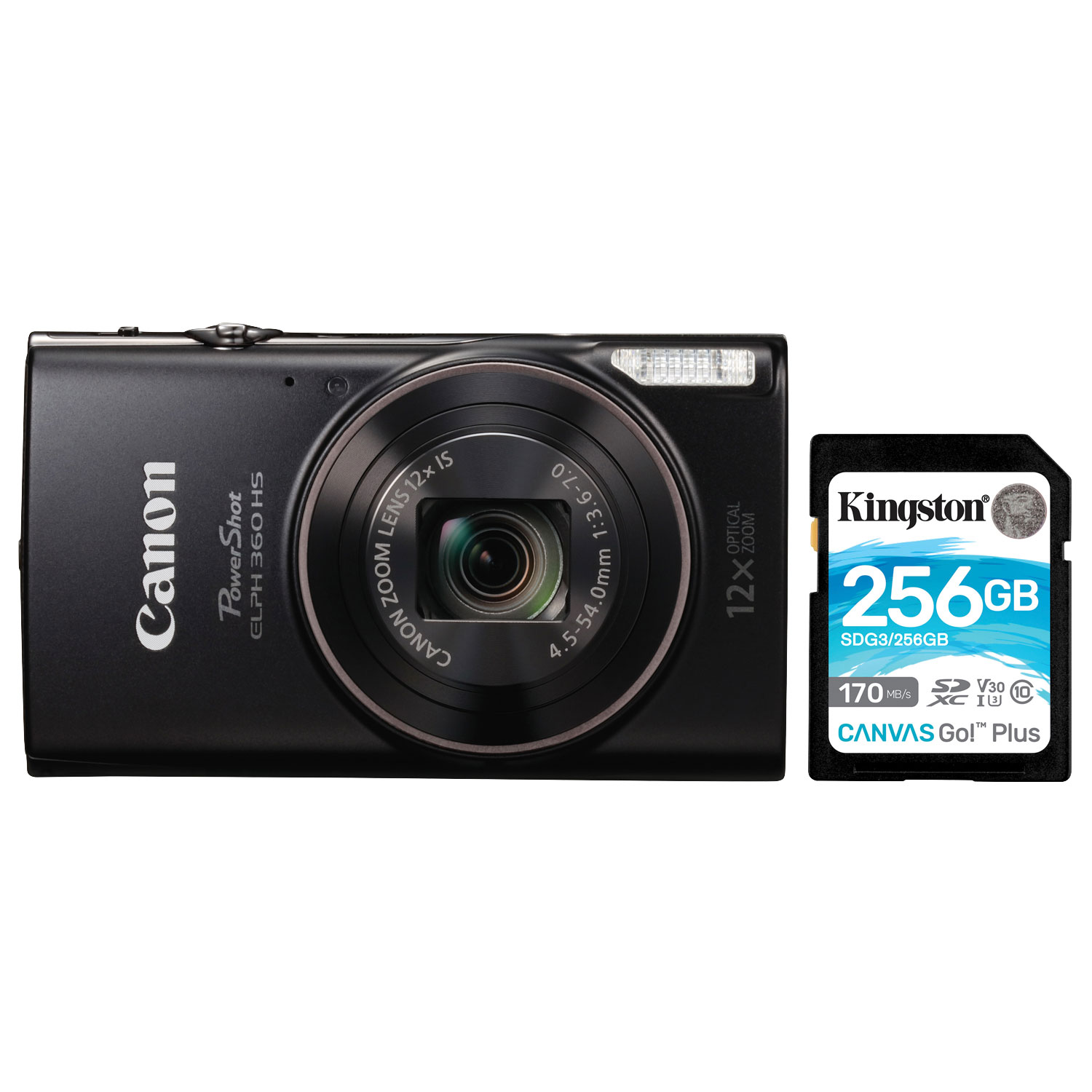 Canon PowerShot ELPH 360 HS WiFi 20.2MP 12x Optical Zoom Digital Camera with 256GB Memory Card - Black