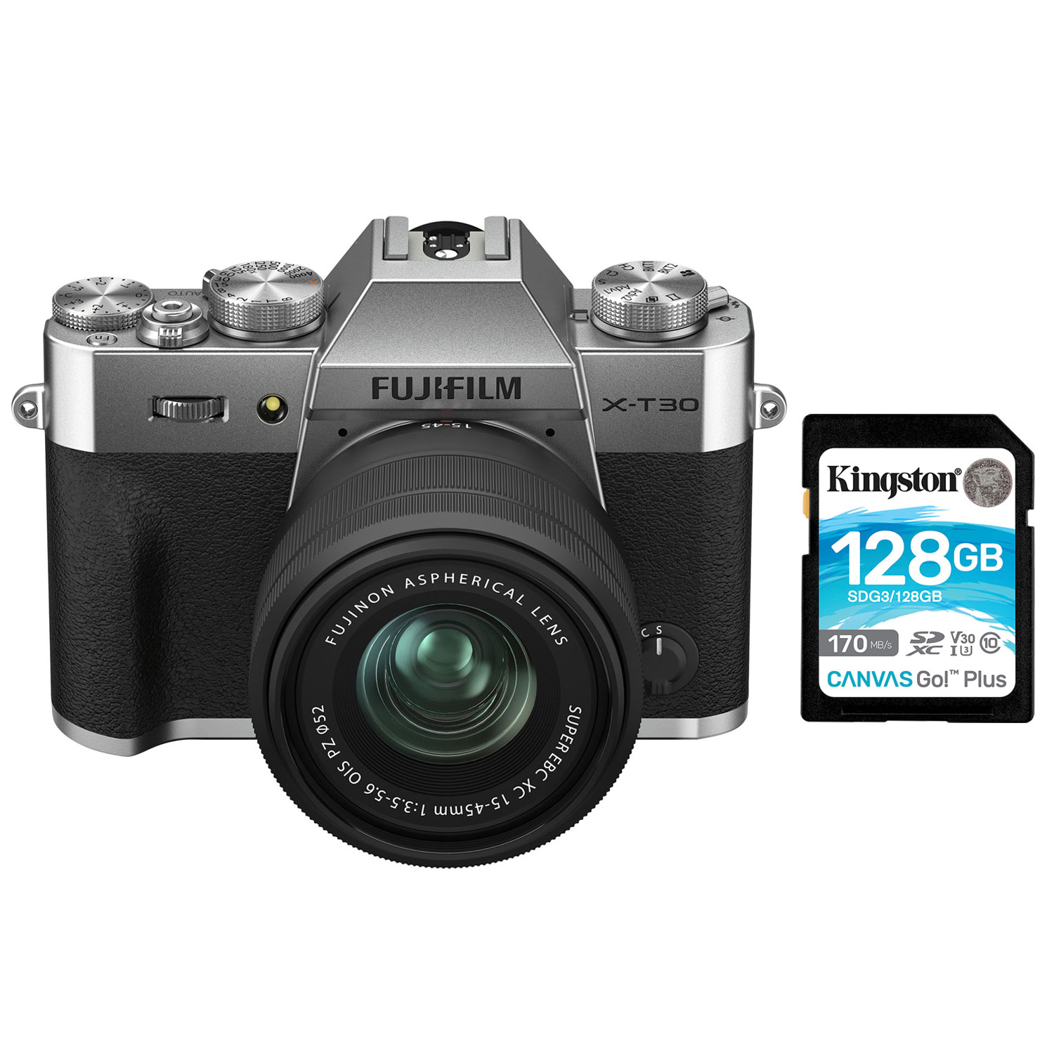 Fujifilm X-T30 II Mirrorless Camera with 15-45mm Lens Kit & 128GB 170MB/s SDXC Memory Card - Silver