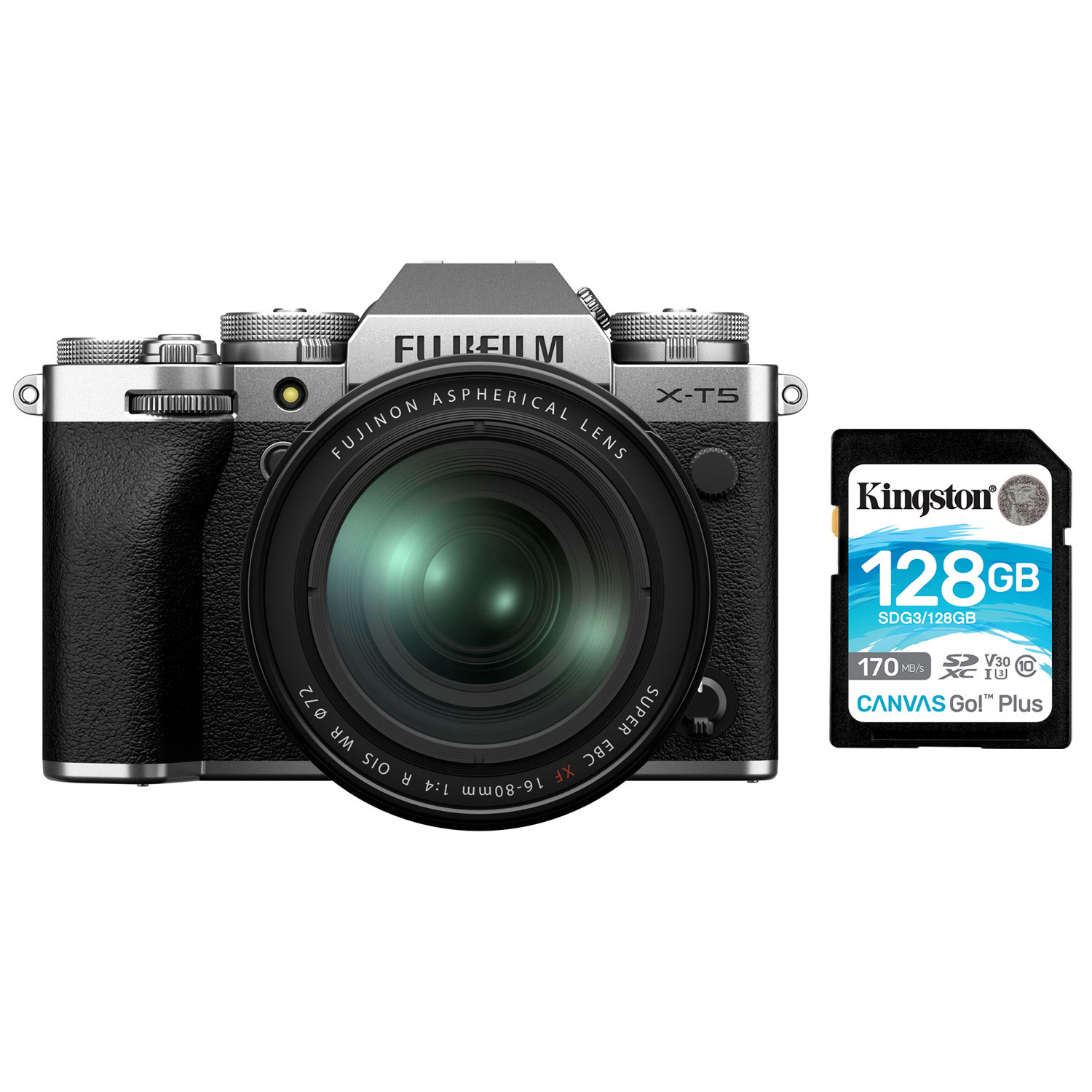 Fujifilm X-T5 Mirrorless Camera w/ XF 16-80 mm f/4 R OIS WR Lens Kit & 128GB SDXC Memory Card -Silver