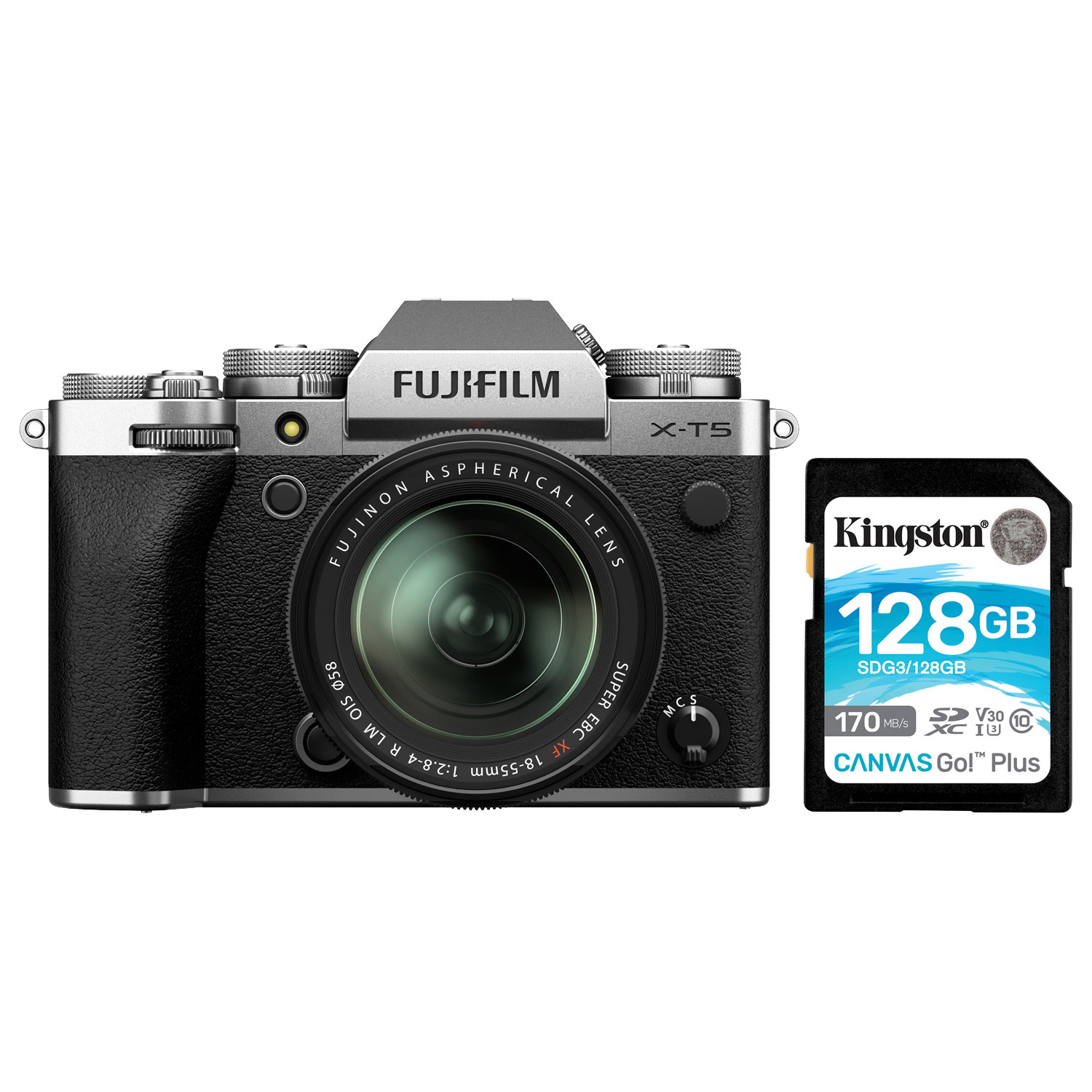 Fujifilm X-T5 Mirrorless Camera w/ XF 18-55mm f/2.8-4 R LM OIS Lens Kit with 128GB Memory Card- Silver