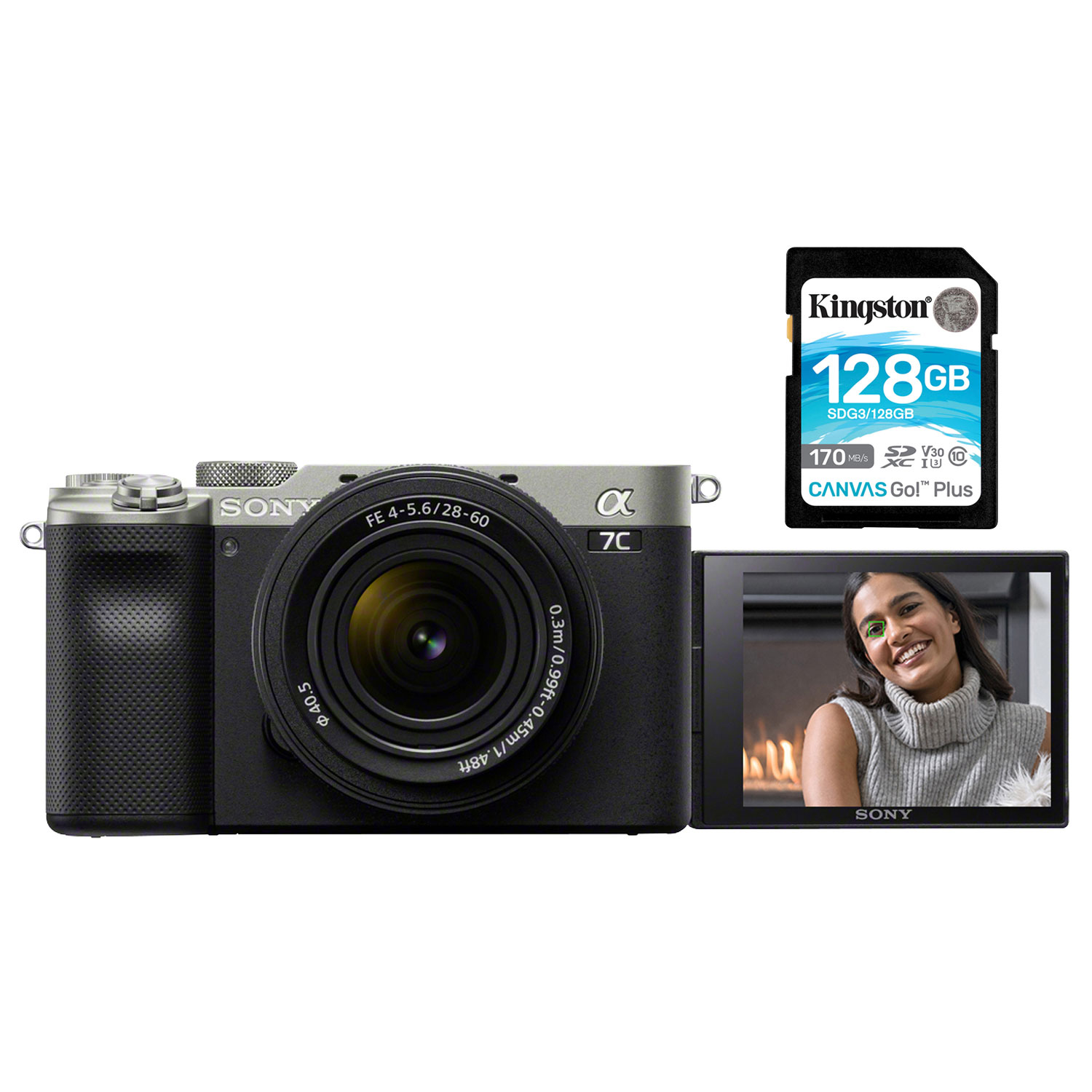 Sony Alpha 7C Full-Frame Mirrorless Camera with 28-60mm Lens Kit with 128GB Memory Card- Silver