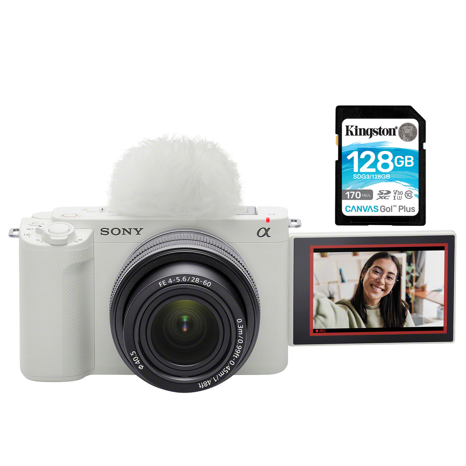 Sony Alpha ZV-E1 Full-Frame Mirrorless Vlogger Camera w/28-60mm Lens Kit with 128GB Memory Card- White