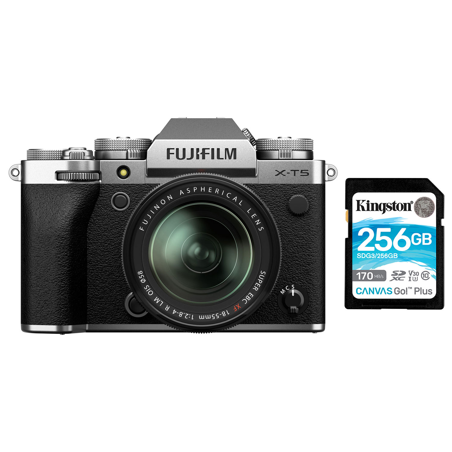 Fujifilm X-T5 Mirrorless Camera w/ XF 18-55mm f/2.8-4 R LM OIS Lens Kit & 256GB SDXC Memory Card -Silver