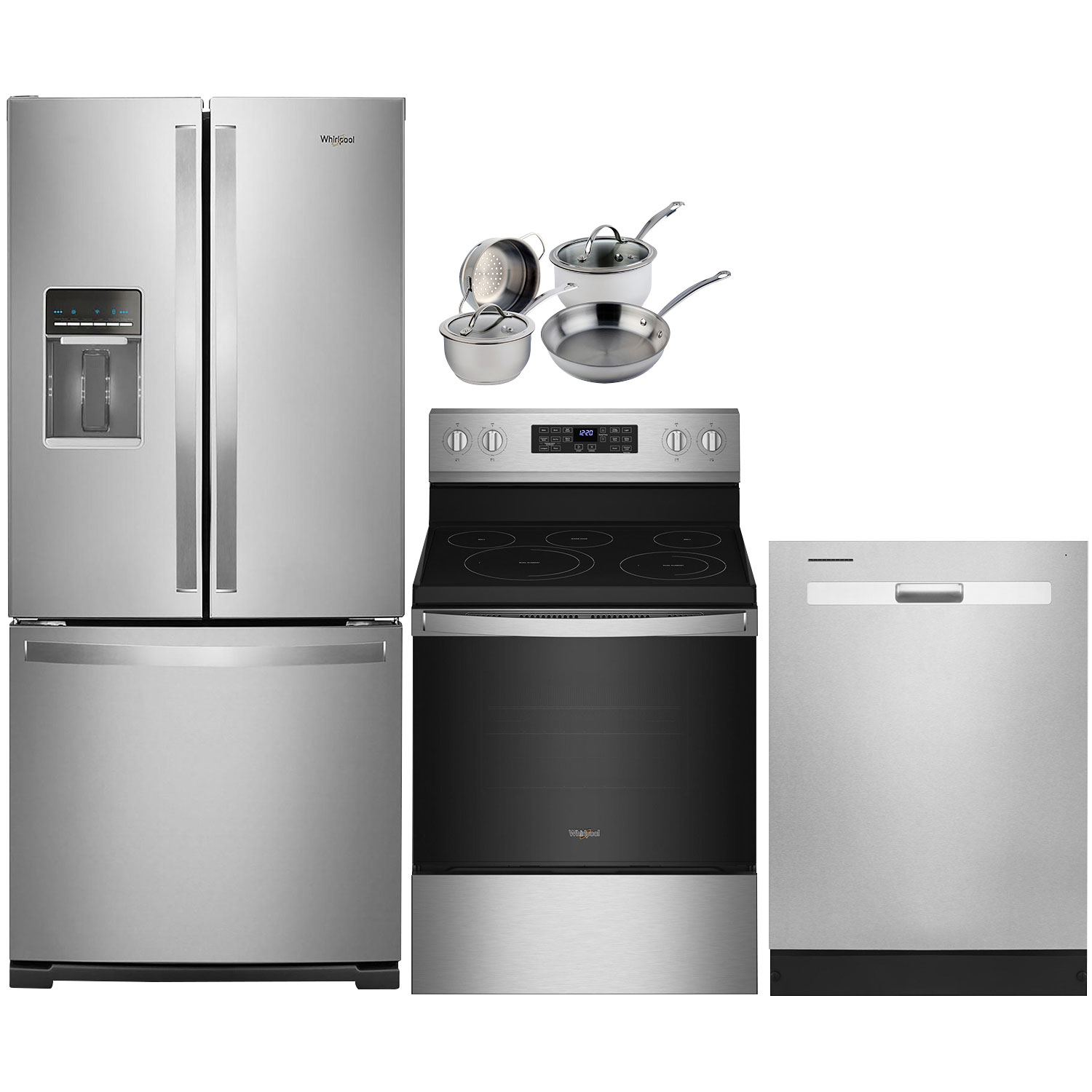 Whirlpool 30" French Door Refrigerator; Electric Air Fry Range; Dishwasher; Cookware Set- Stainless