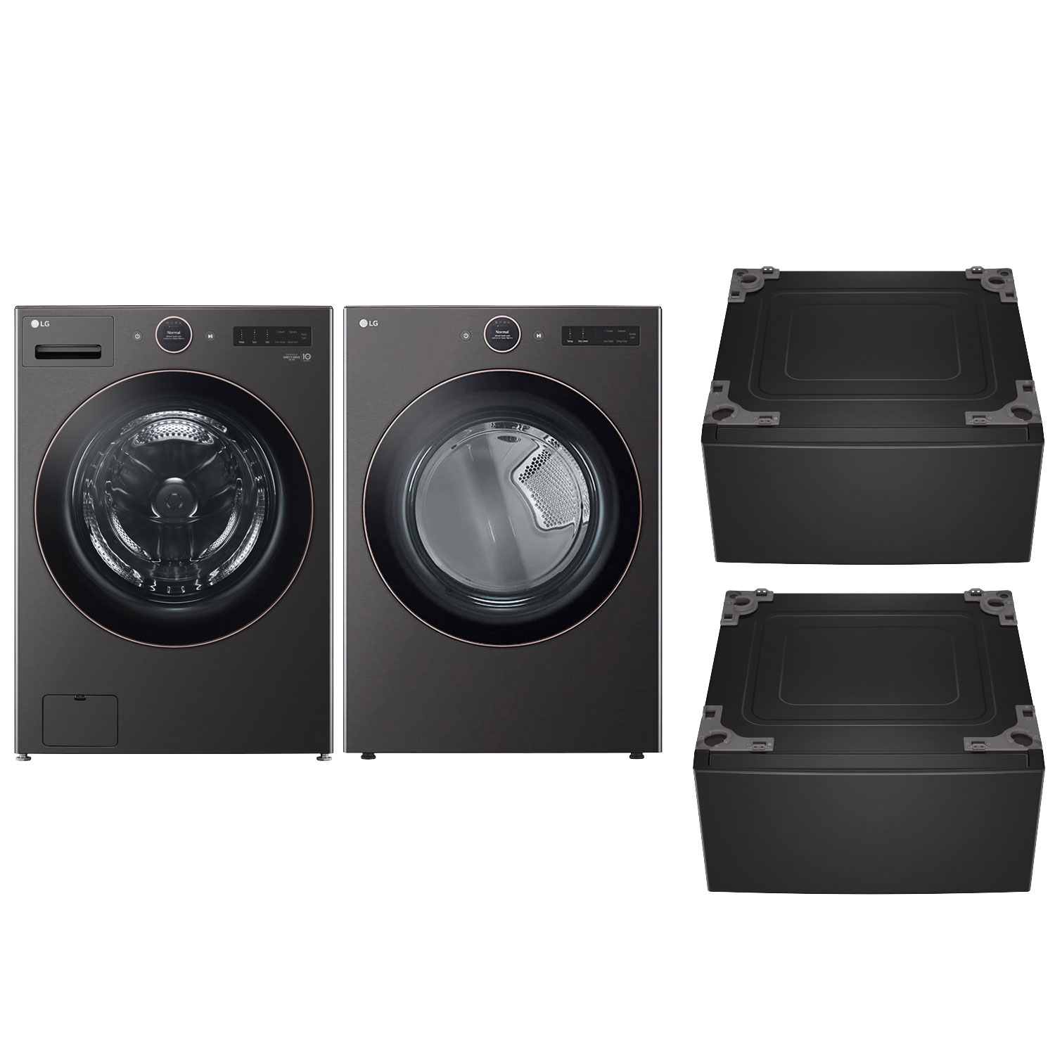 LG 5.8 Cu Ft Front Load Steam Washer & 7.4 Cu Ft Electric Steam Dryer w/ 2 27" Pedestals - Black Steel