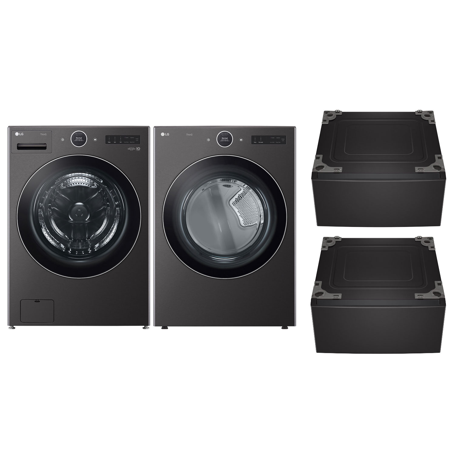 LG 5.8 Cu Ft Front Load Steam Washer & 7.4 Cu Ft Electric Steam Dryer w/ 2 27" Pedestals - Black Steel