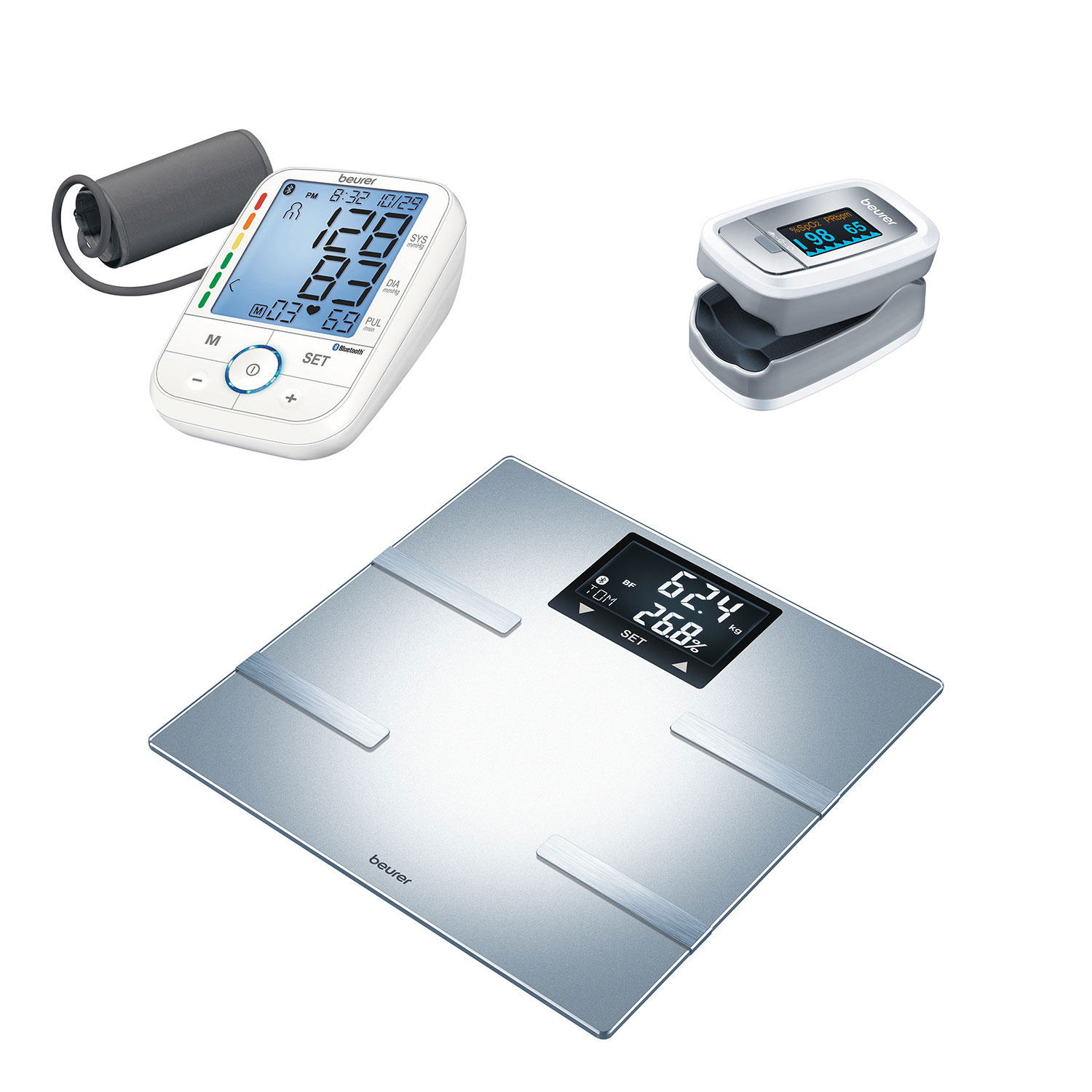 Essential Health Bundle - Beurer BM67 BT Blood Pressure Monitor, BF720 BT Digital Smart Scale & PO30 Pulse Oximeter