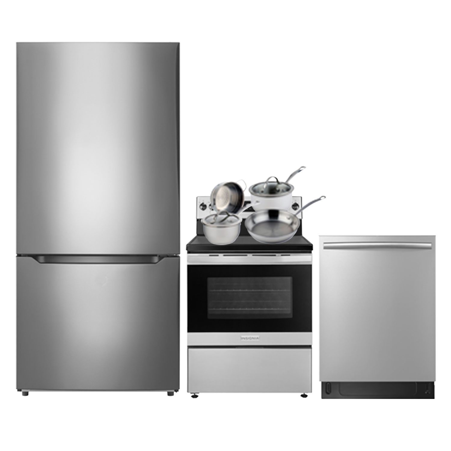 Insignia 30" 18.6 Cu. Ft. Bottom Freezer Refrigerator; Electric Range; Dishwasher; Cookware Set - SS