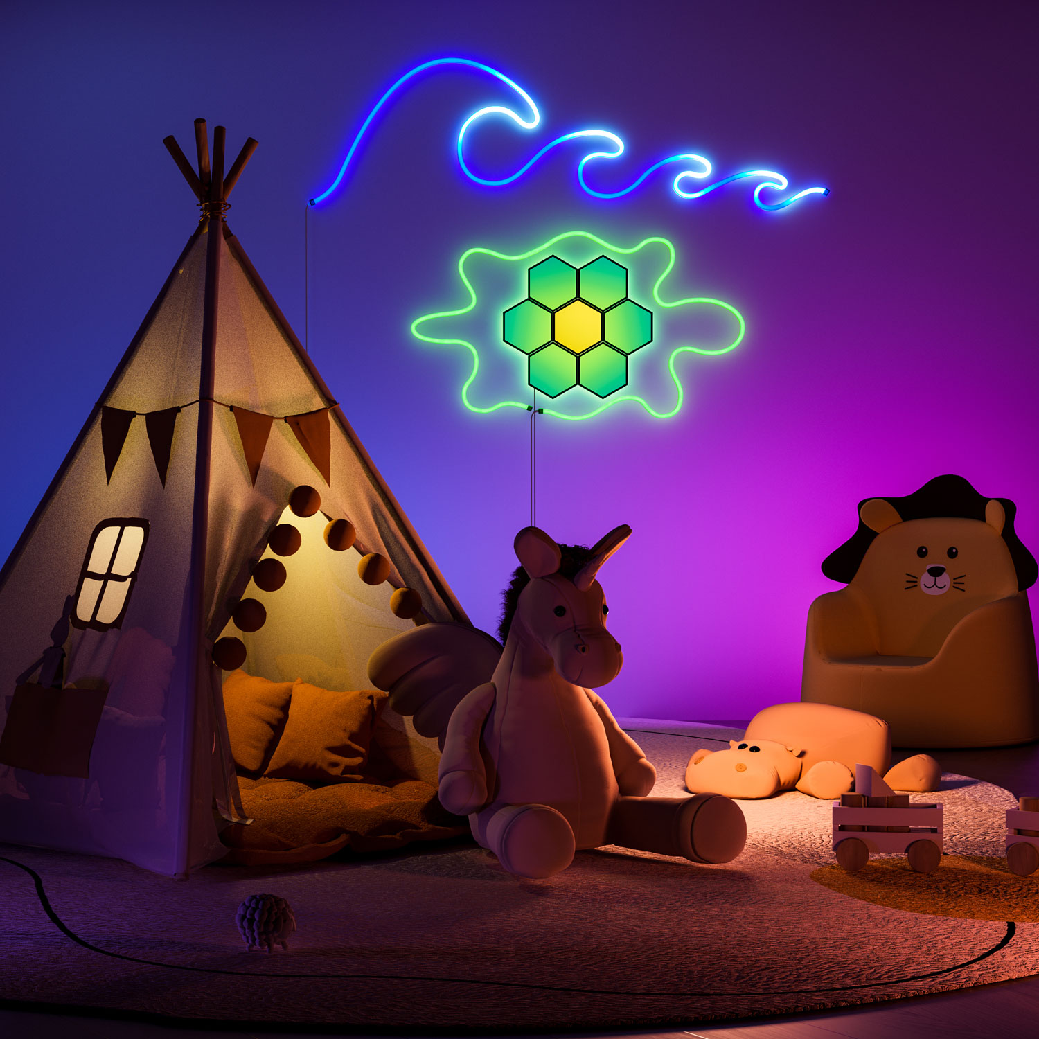 Ensemble intelligent Smarter Kit à 7 panneaux lumineux hexagonaux à effets dynamiques Cync de GE et 2 bandes lumineuses intelligentes Neon Shape